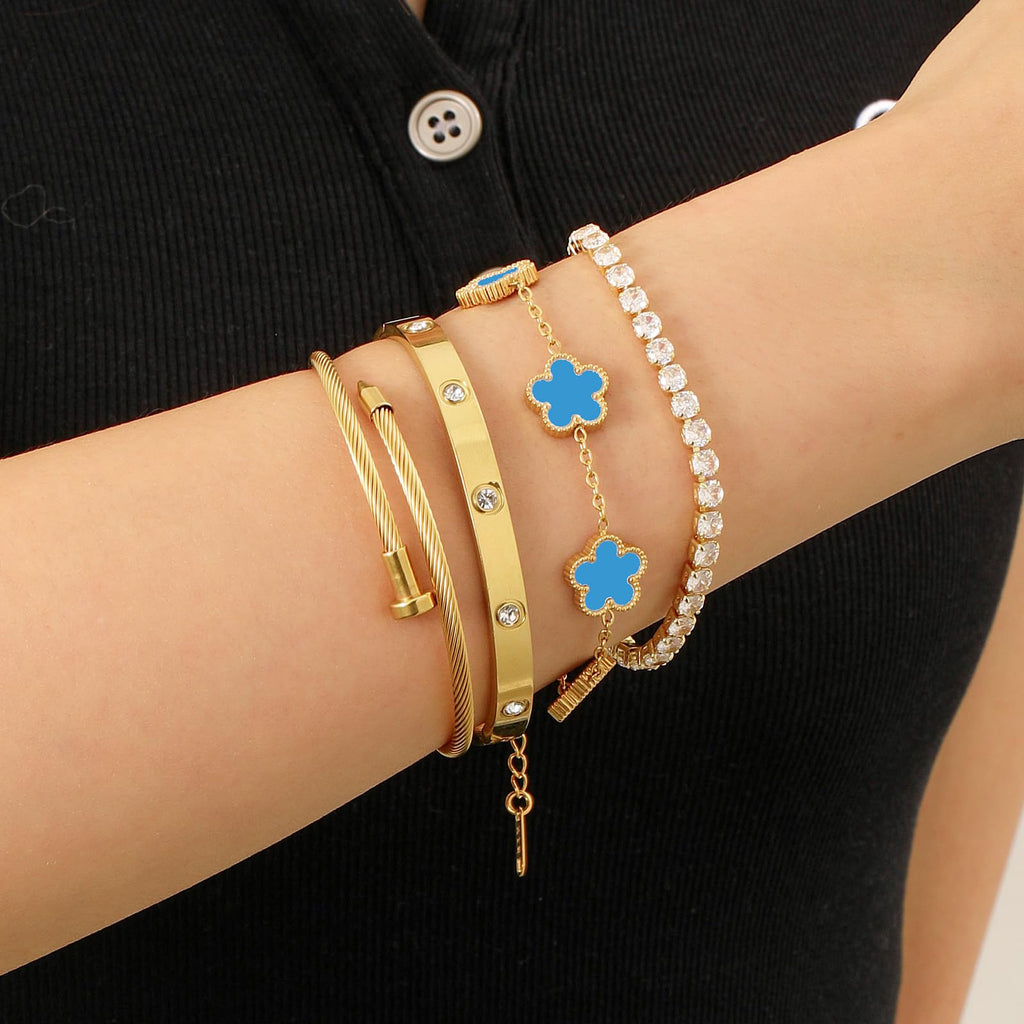 18K Gold Plated Womens Stackable Floral Bracelets Set,Twisted Cable Bangle,Trendy Jewelry,Waterproof adjustable bracelet,Christmas Birthday Gifts for Girlfriend or Mother.