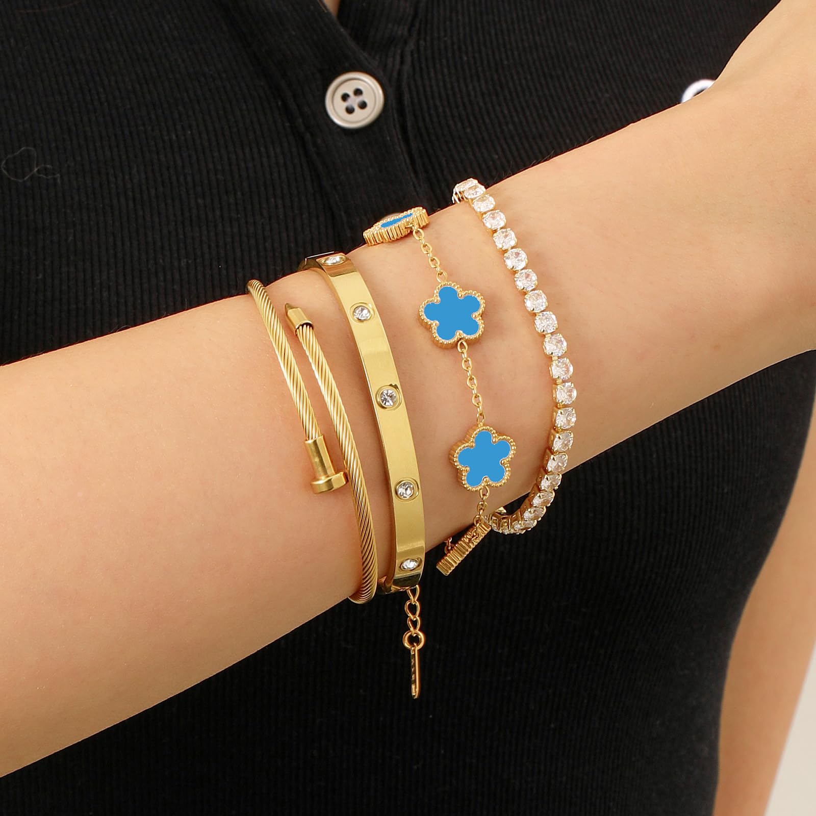 18K Gold Plated Womens Stackable Floral Bracelets Set,Twisted Cable Bangle,Trendy Jewelry,Waterproof adjustable bracelet,Christmas Birthday Gifts for Girlfriend or Mother.