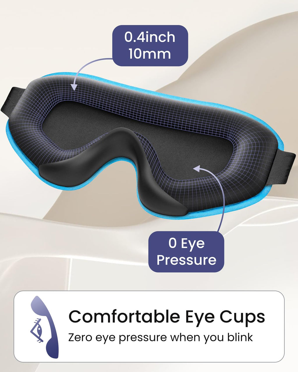 Close-up of The Midnight Muse | 3D Silk-Touch Blackout Mask in blue showing 0.4 inch eye cups for zero pressure and enhanced comfort.