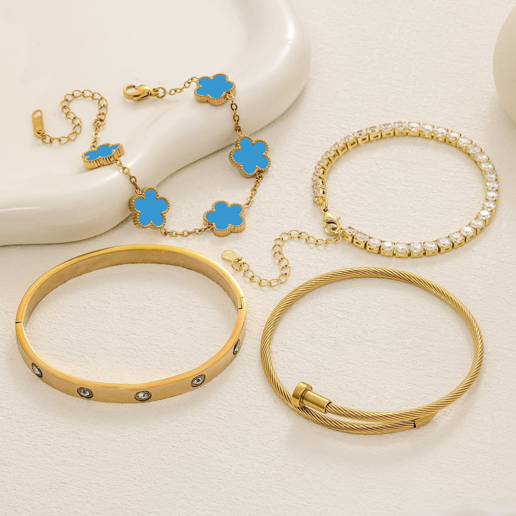18K Gold Plated Womens Stackable Floral Bracelets Set,Twisted Cable Bangle,Trendy Jewelry,Waterproof adjustable bracelet,Christmas Birthday Gifts for Girlfriend or Mother.