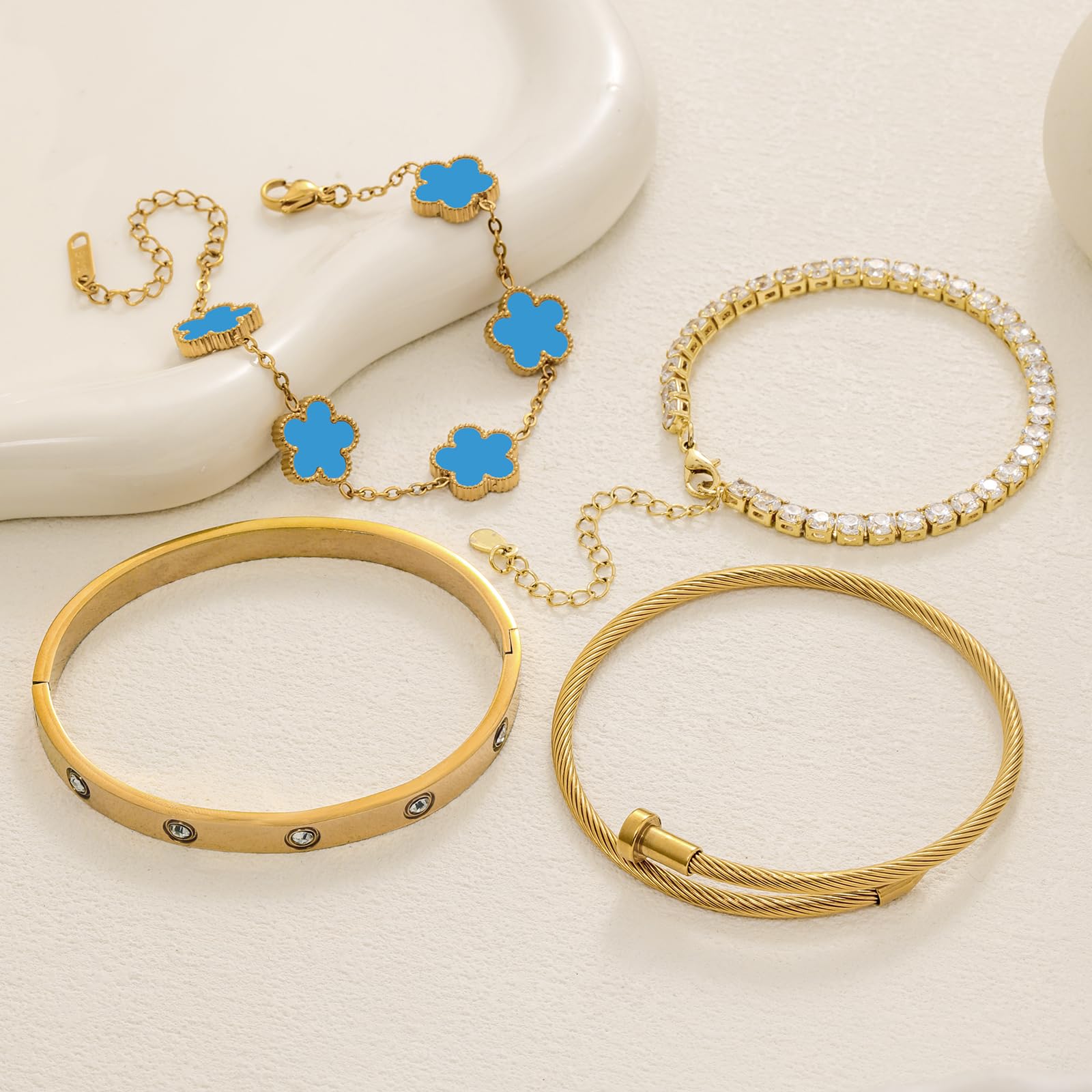 18K Gold Plated Womens Stackable Floral Bracelets Set,Twisted Cable Bangle,Trendy Jewelry,Waterproof adjustable bracelet,Christmas Birthday Gifts for Girlfriend or Mother.