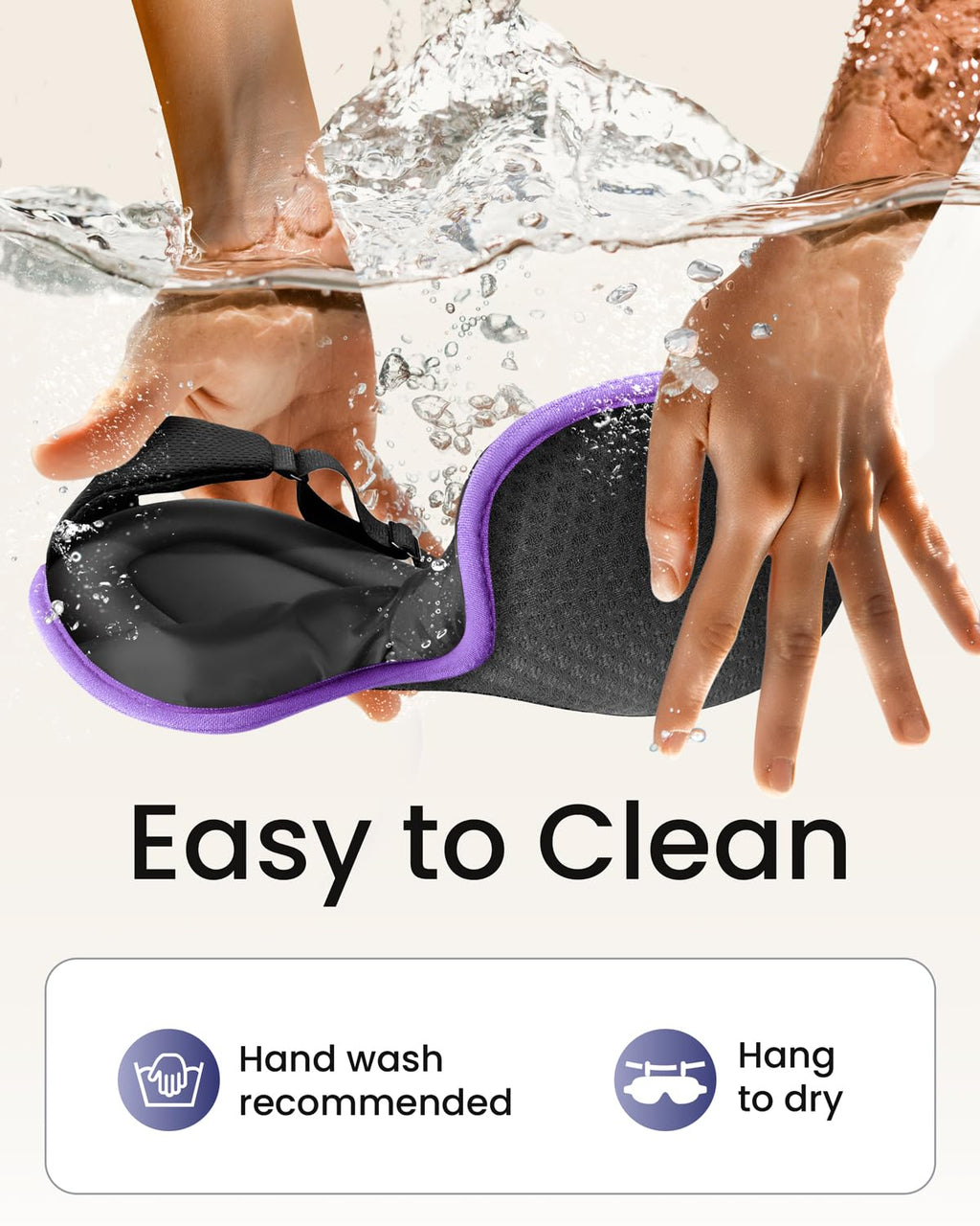 The Midnight Muse | 3D Silk-Touch Blackout Mask shown being washed by hand, emphasizing easy maintenance and durability with hang-to-dry care.