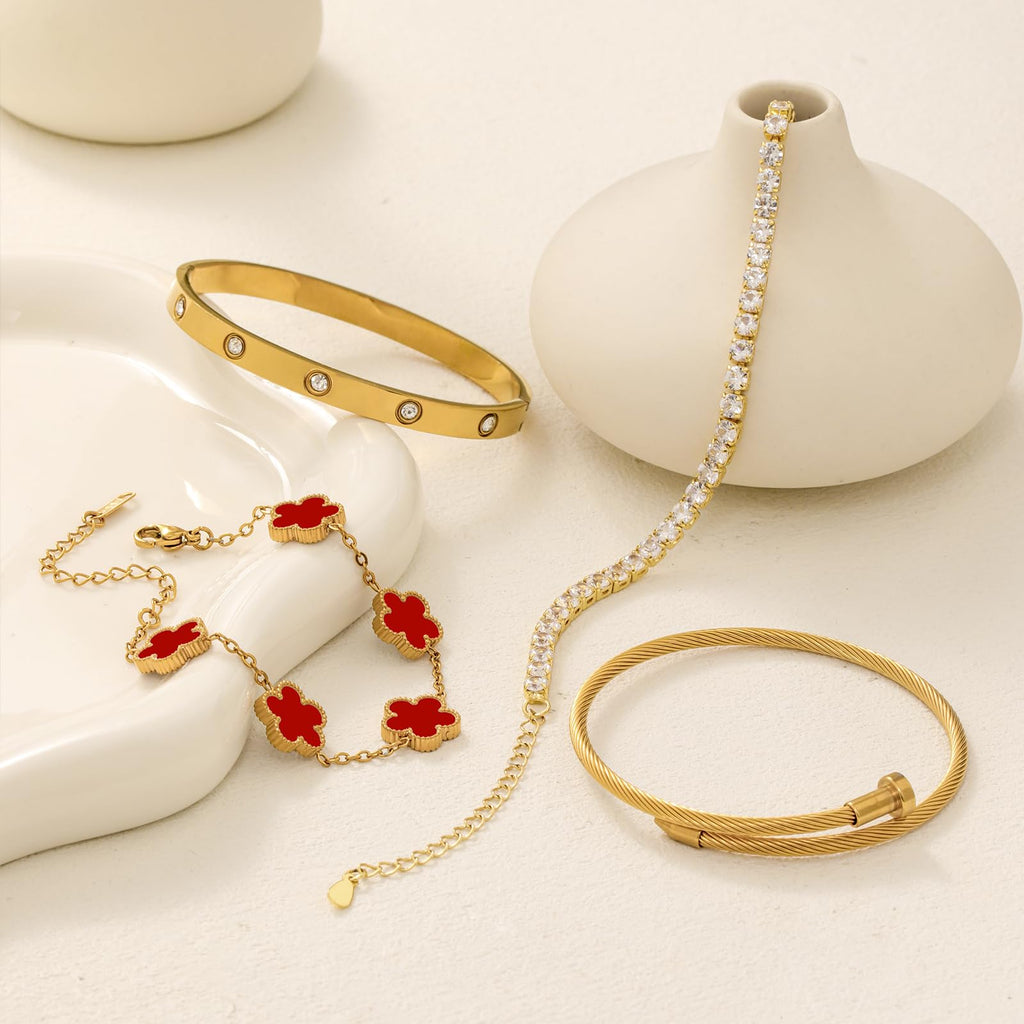18K Gold Plated Womens Stackable Floral Bracelets Set,Twisted Cable Bangle,Trendy Jewelry,Waterproof adjustable bracelet,Christmas Birthday Gifts for Girlfriend or Mother.