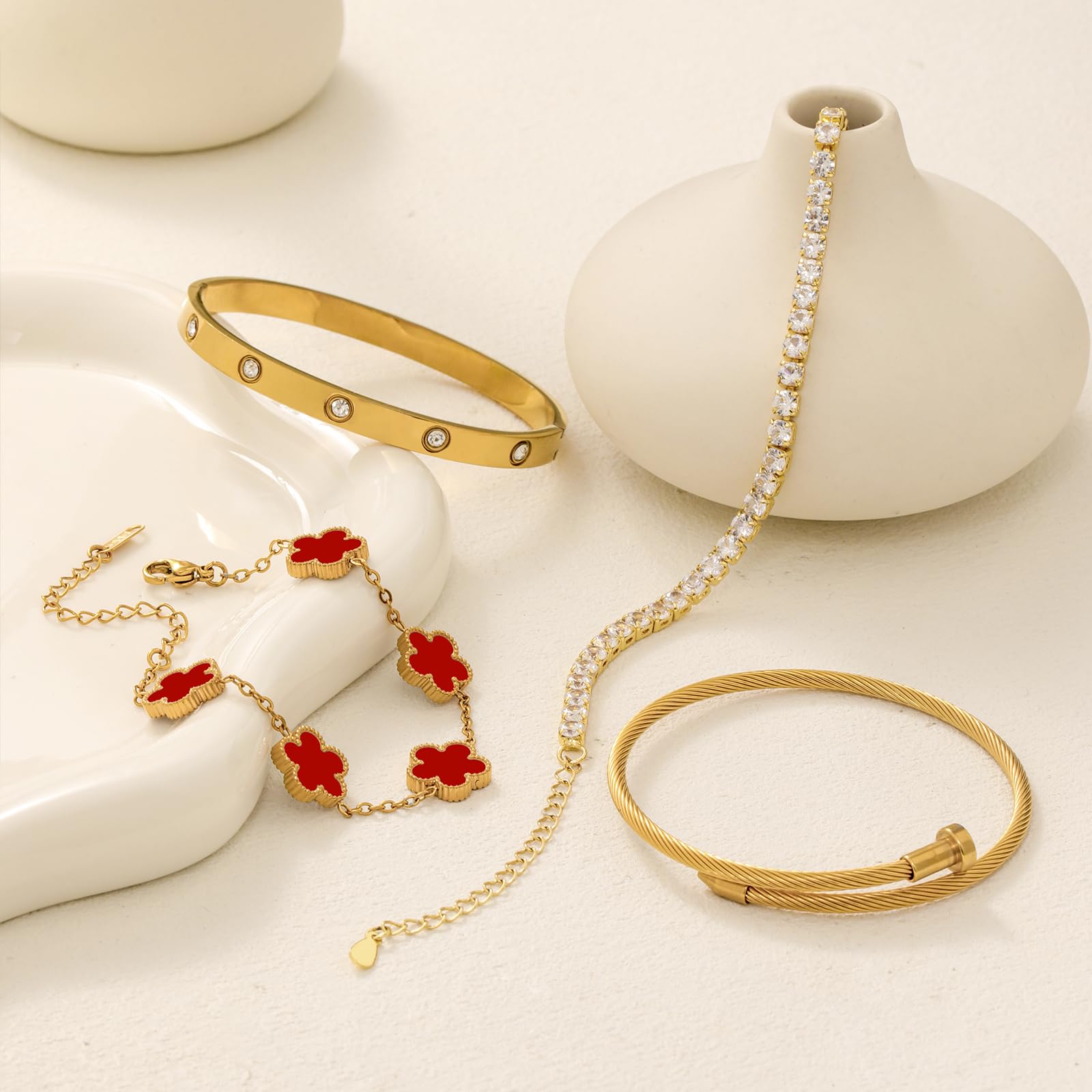 18K Gold Plated Womens Stackable Floral Bracelets Set,Twisted Cable Bangle,Trendy Jewelry,Waterproof adjustable bracelet,Christmas Birthday Gifts for Girlfriend or Mother.