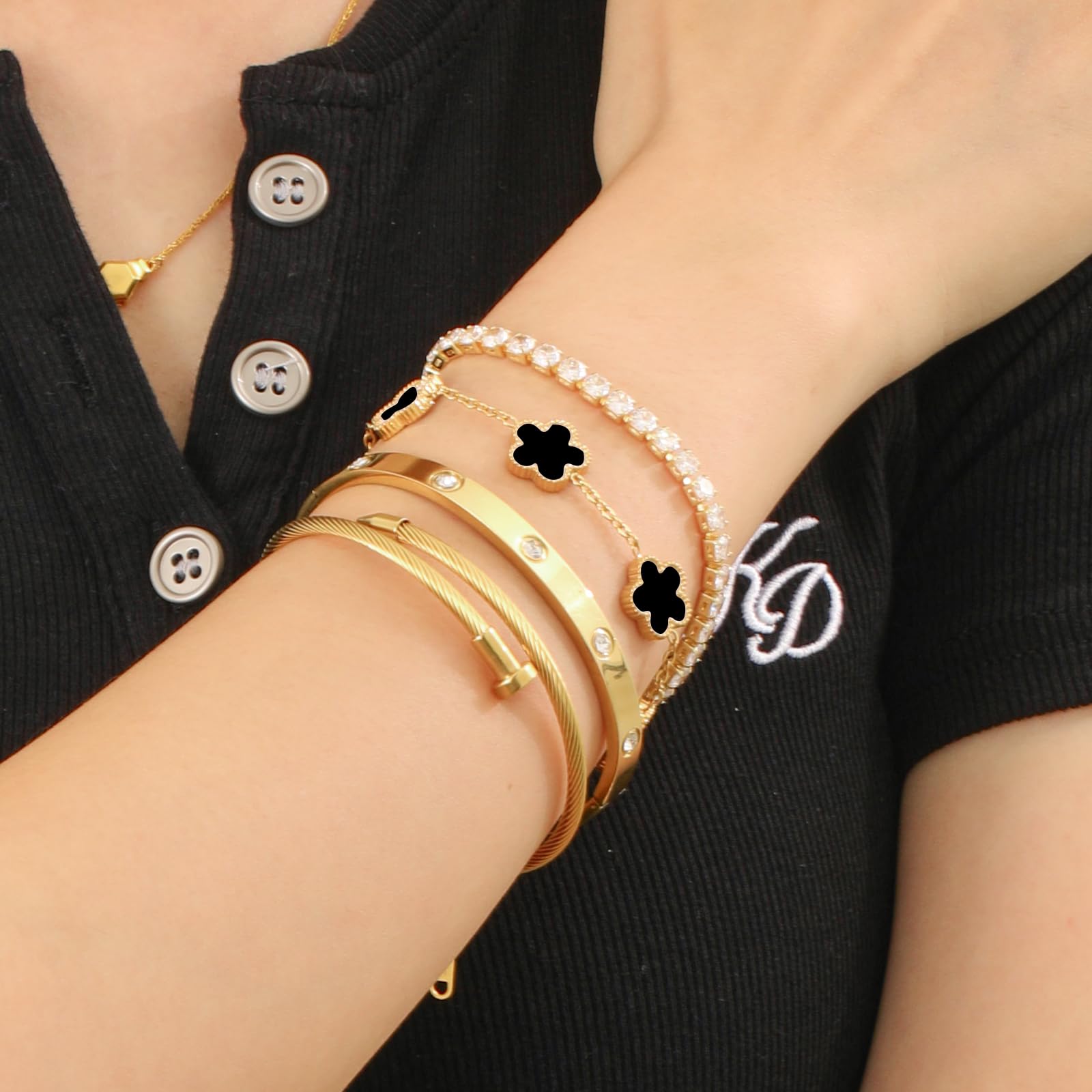 18K Gold Plated Womens Stackable Floral Bracelets Set,Twisted Cable Bangle,Trendy Jewelry,Waterproof adjustable bracelet,Christmas Birthday Gifts for Girlfriend or Mother.