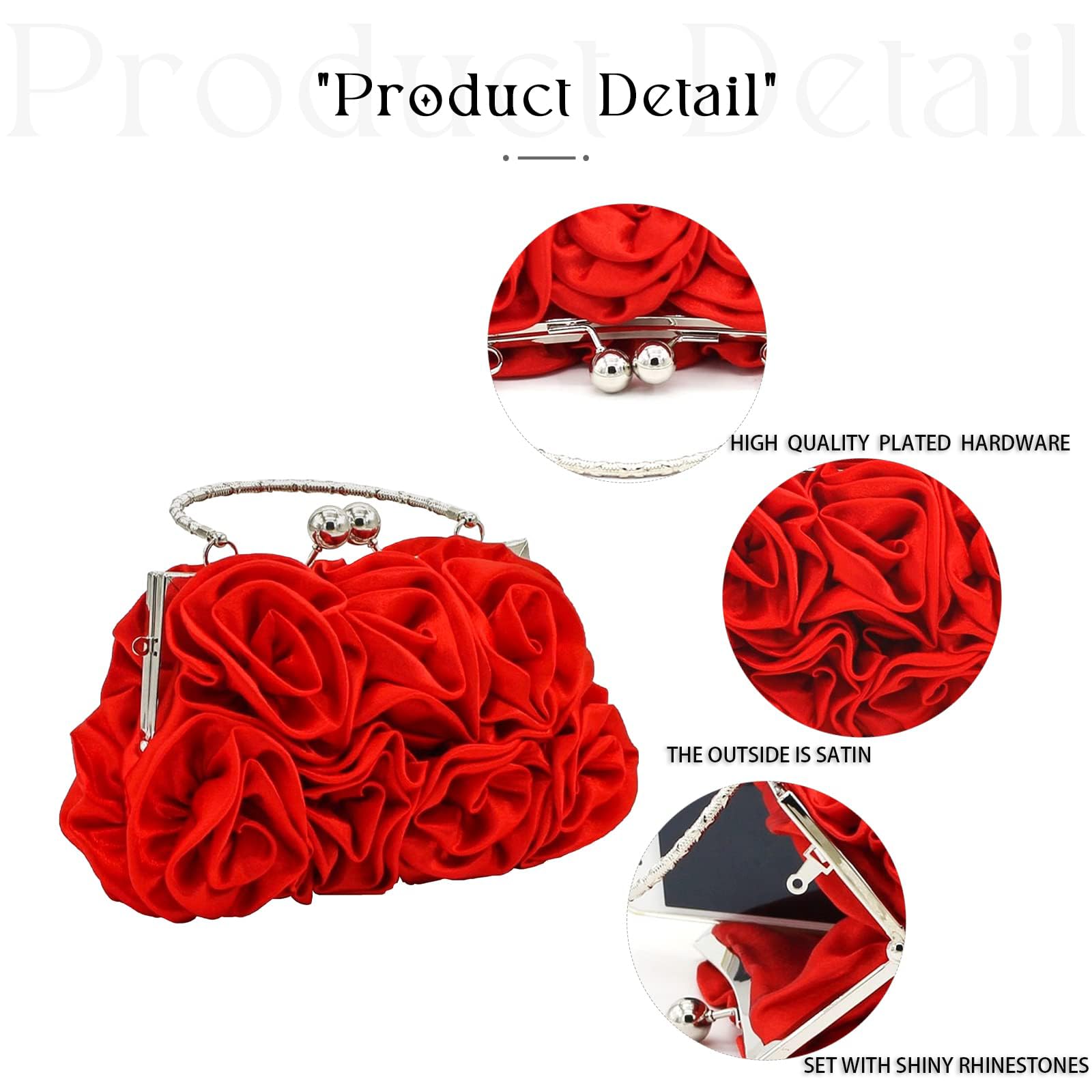 JAMBHALA Women Evening Clutch Bag Floral Satin Small Purses with Detachable Strap for Wedding, Party, Prom
