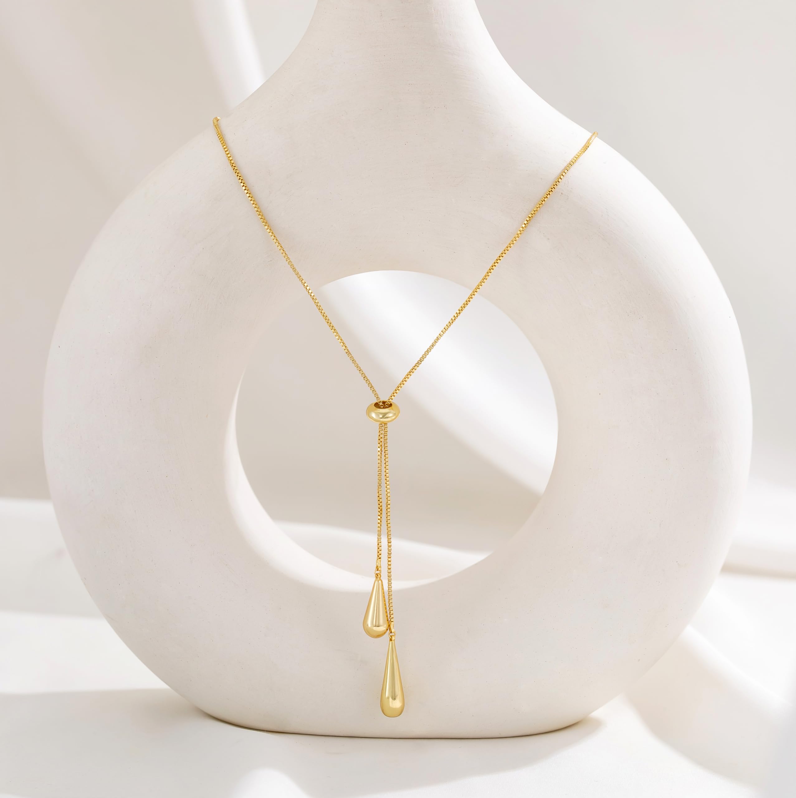 CHESKY Lariat Gold Necklace for Women, Dainty Long Necklace 14k Gold Plated Y-Shaped Pendant Necklace Trendy Layered CZ Beaded Chain Drop Necklaces Simple Gold Jewelry for Women Gifts