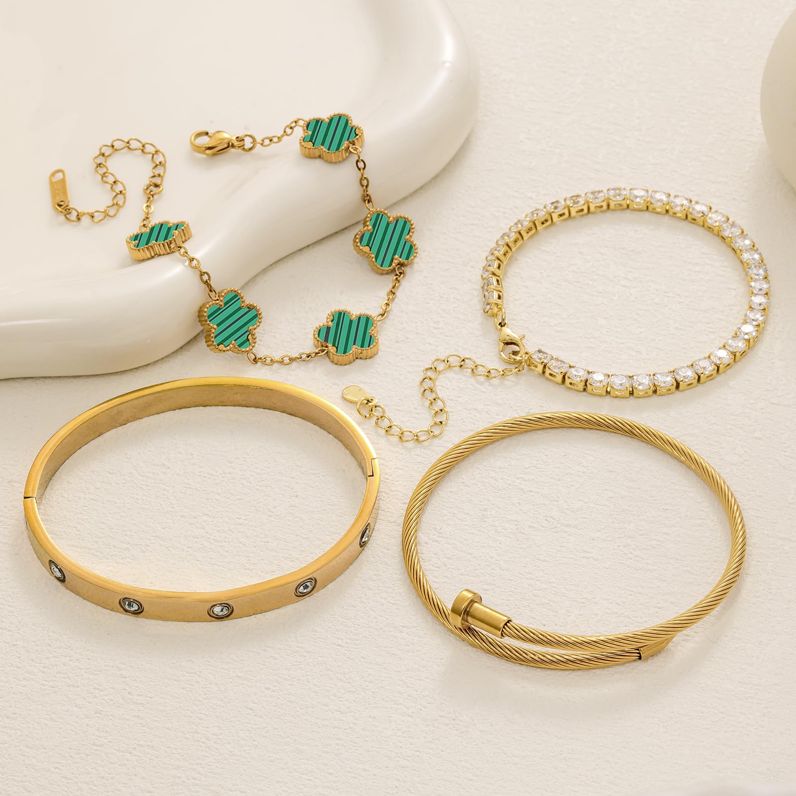 18K Gold Plated Womens Stackable Floral Bracelets Set,Twisted Cable Bangle,Trendy Jewelry,Waterproof adjustable bracelet,Christmas Birthday Gifts for Girlfriend or Mother.