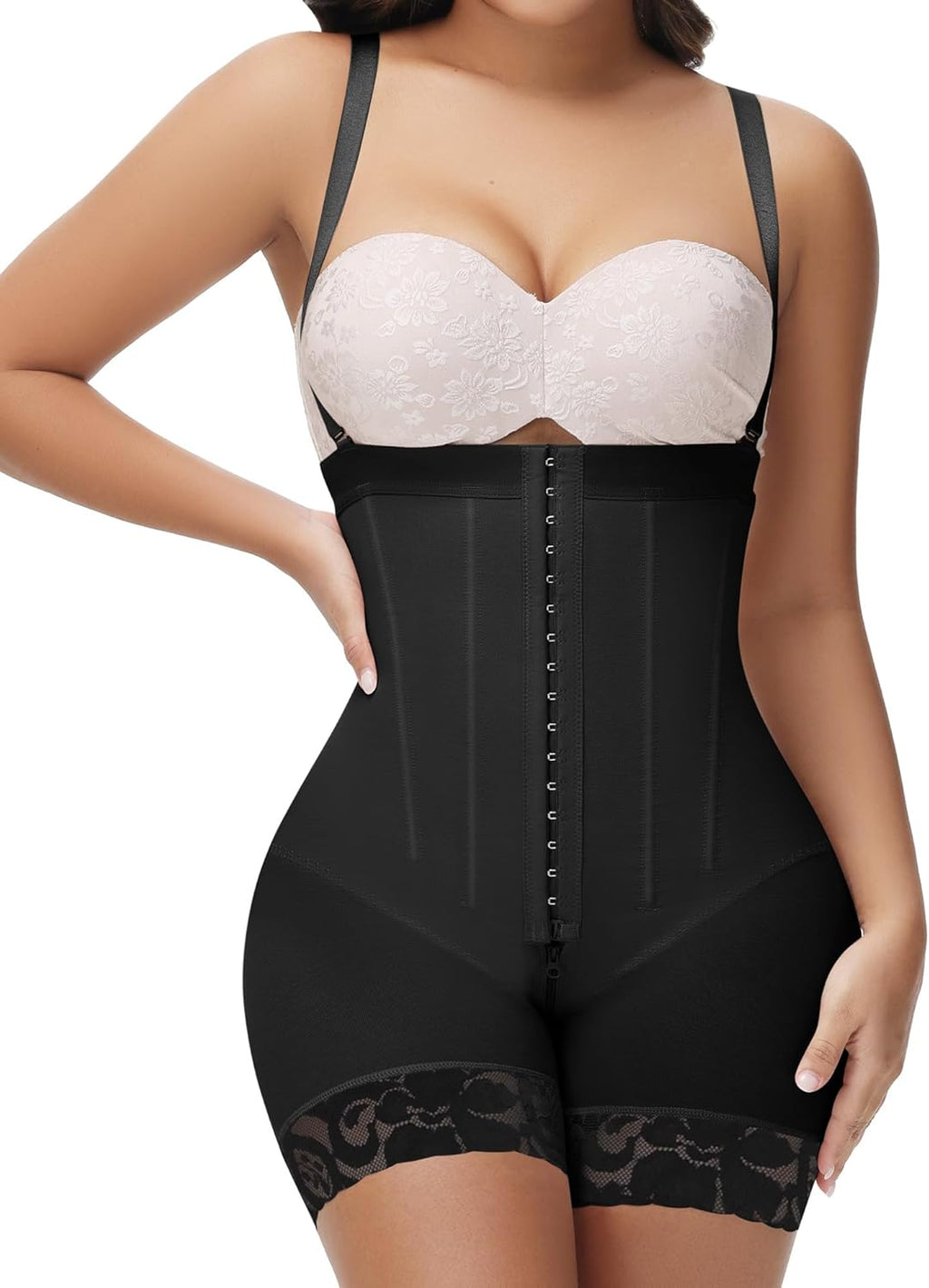 Nude high-compression shapewear from The Invisible Sculptor, Strapless Signature Faja with seamless finish and adjustable front hooks.