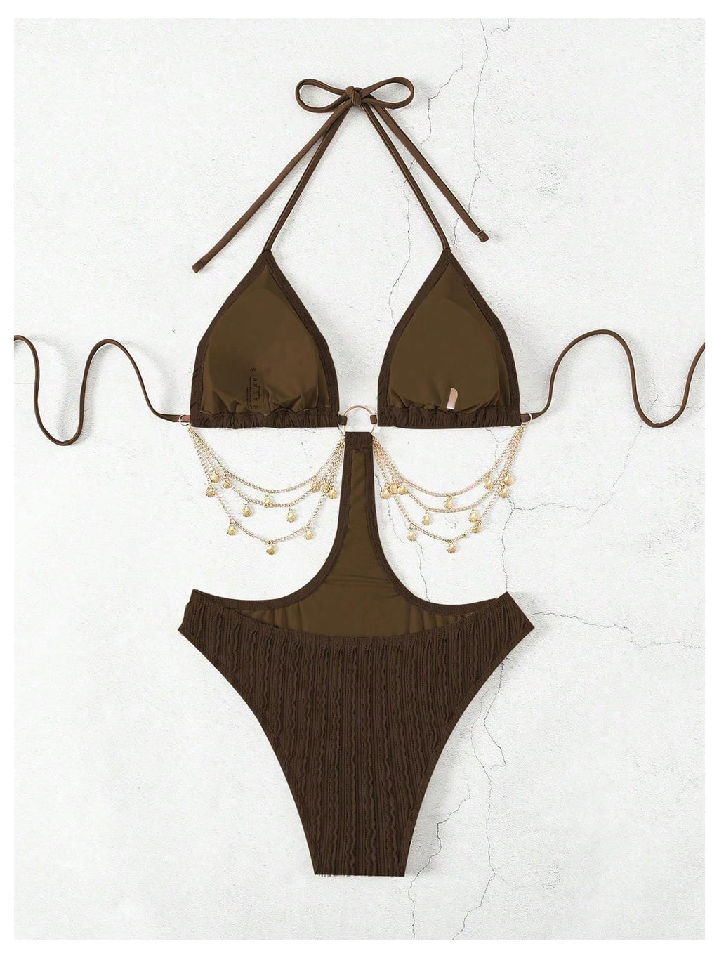 OYOANGLE Women's Ring Linked Cut Out One Piece Swimsuits Textured Tie Backless Halter Bathing Suit Monokini