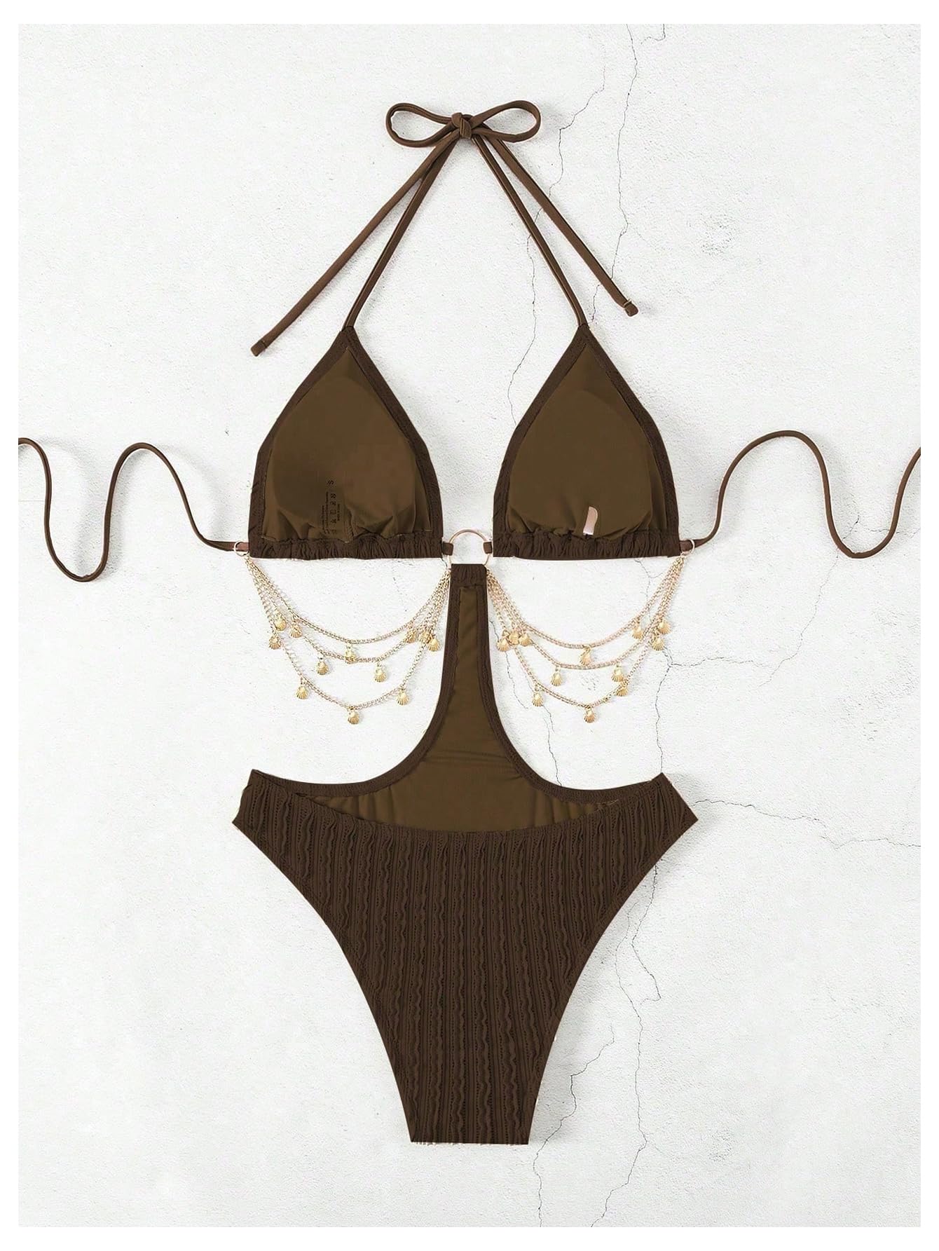 OYOANGLE Women's Ring Linked Cut Out One Piece Swimsuits Textured Tie Backless Halter Bathing Suit Monokini