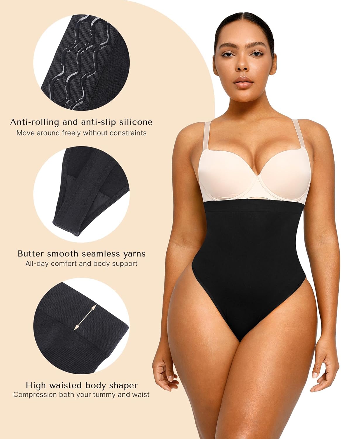 The Sculpting Essential high-waisted seamless thong features anti-rolling silicone, seamless yarns, and body shaping compression for comfort and support.