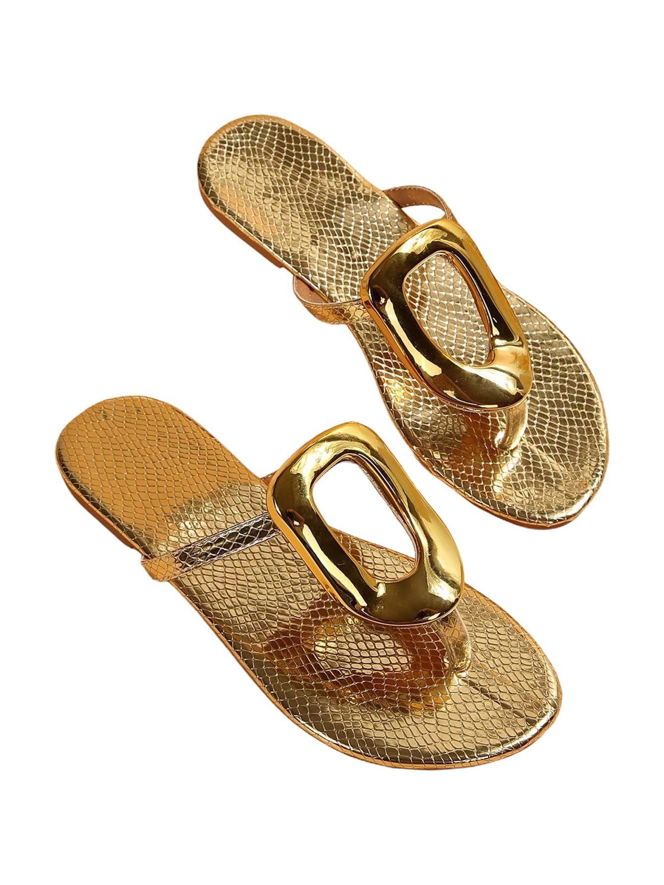 OYOANGLE Women's Metal Decor Flip Flop Thong Sandals Comfortable Slip on Flat Sandals