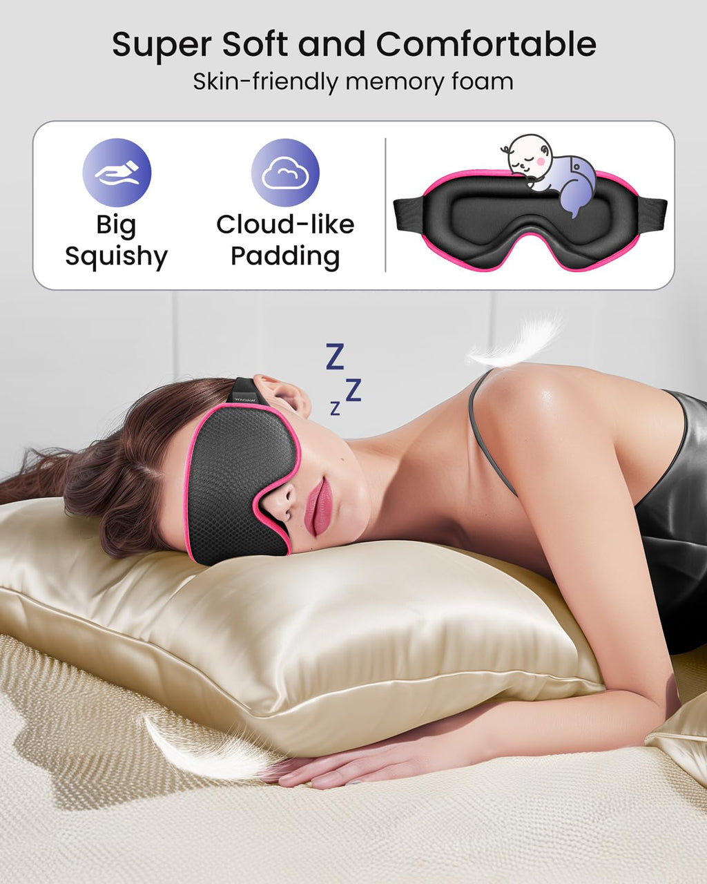 The Midnight Muse | 3D Silk-Touch Blackout Mask with cloud-like padding and memory foam, shown on a woman sleeping on a satin pillow.