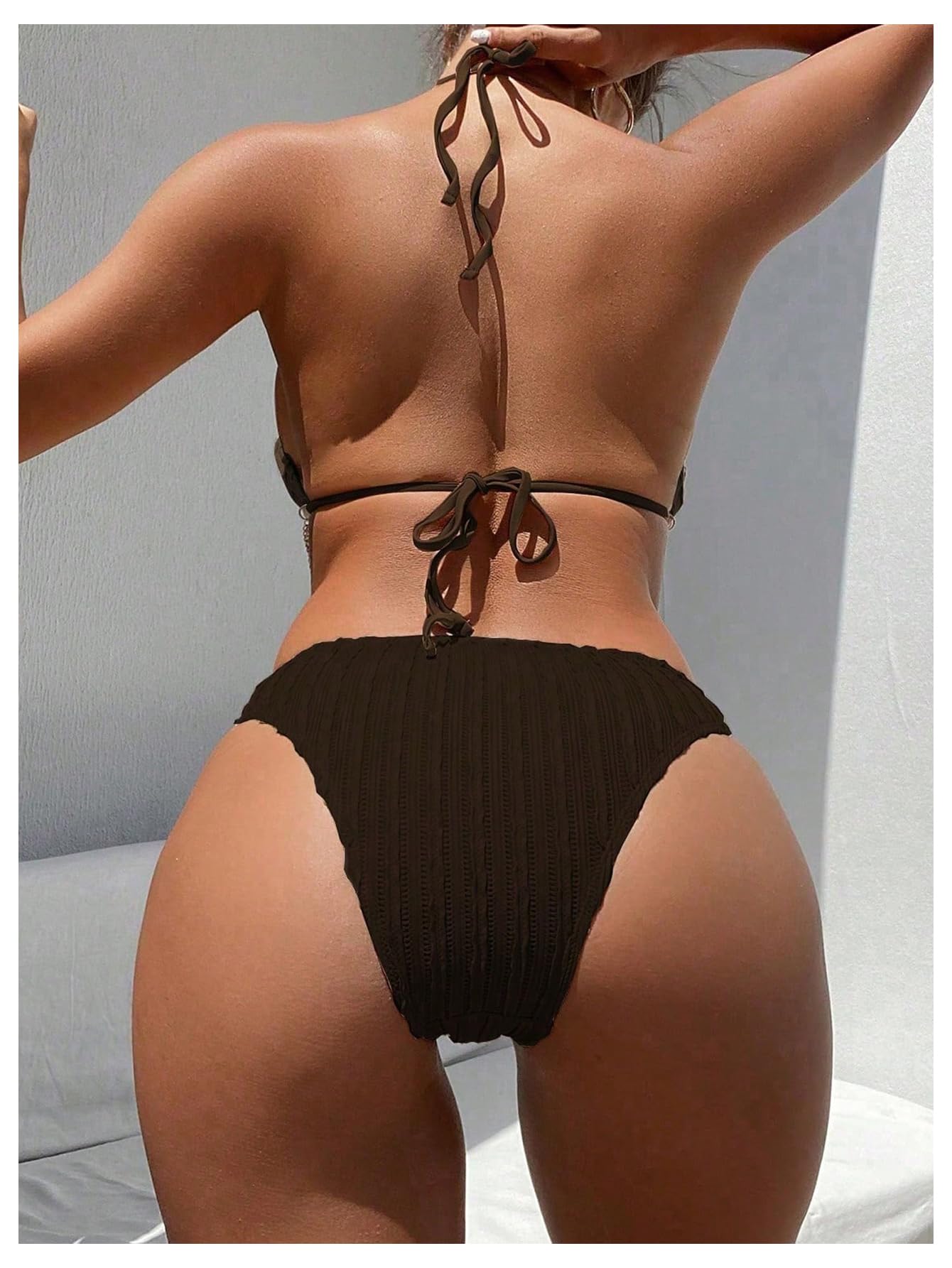 OYOANGLE Women's Ring Linked Cut Out One Piece Swimsuits Textured Tie Backless Halter Bathing Suit Monokini