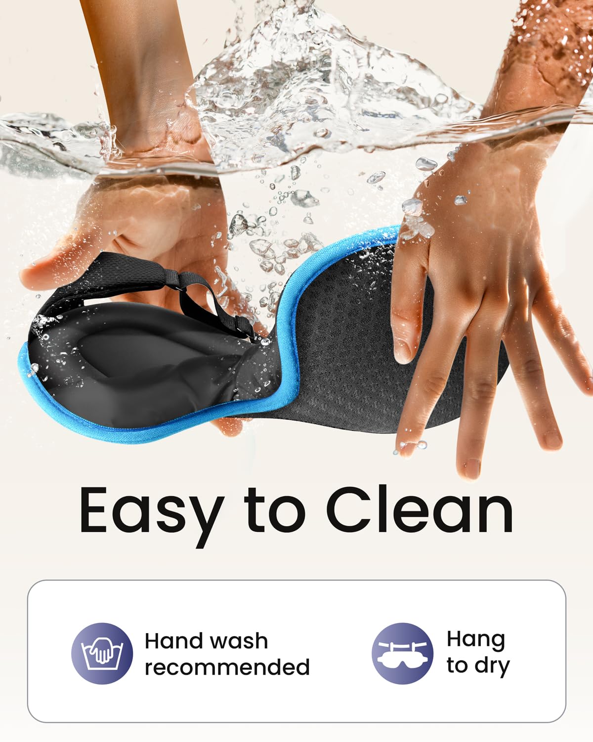Hands washing The Midnight Muse | 3D Silk-Touch Blackout Mask in blue, emphasizing easy hand wash and hang-dry care for luxury sleep gear.