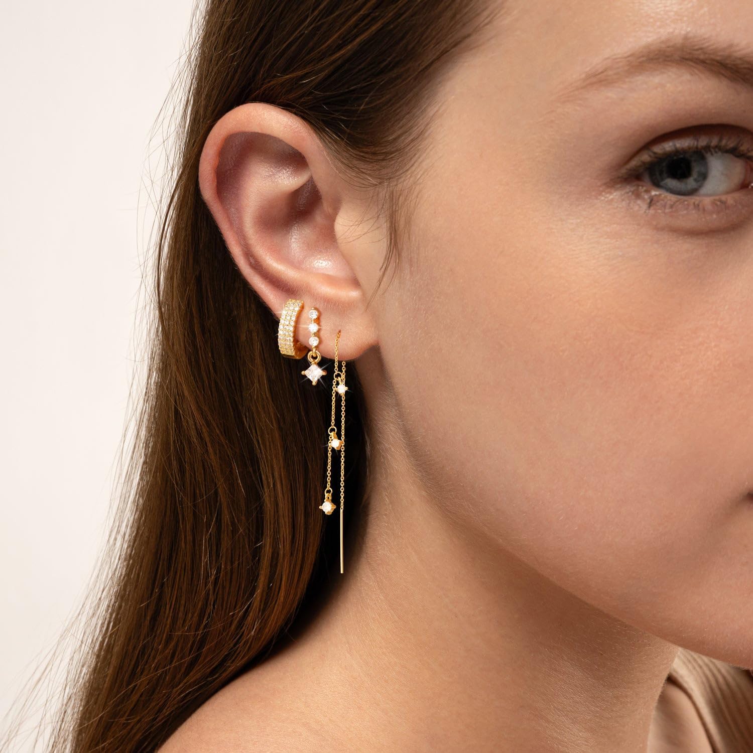 NECOCY 14K Gold Plated Chain Earrings for Women 3/4 Pairs Dangle Dainty Stack Hoop Earrings Set Trendy Cubic Zirconia Stud Earrings for Women Jewelry