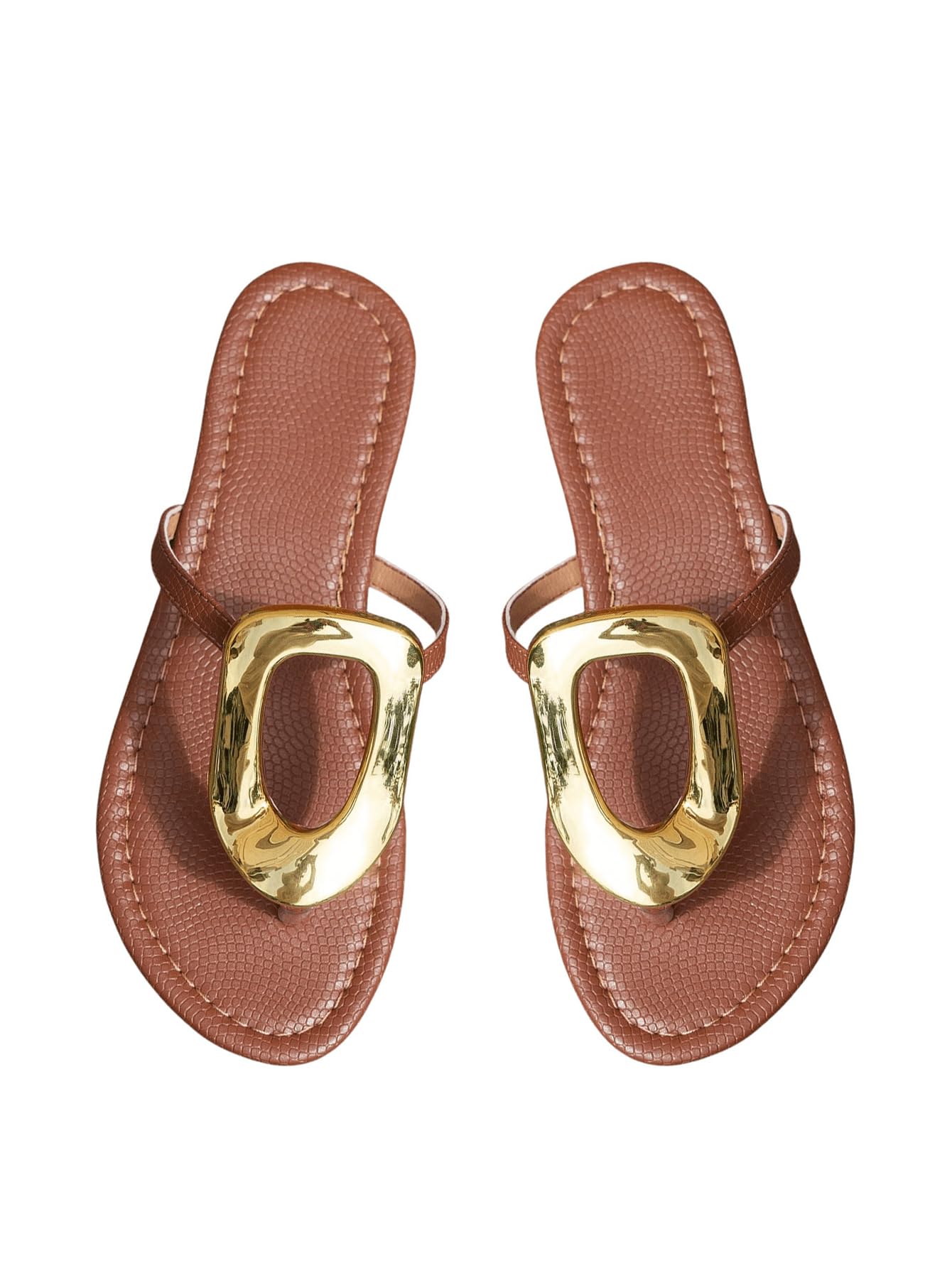 OYOANGLE Women's Metal Decor Flip Flop Thong Sandals Comfortable Slip on Flat Sandals