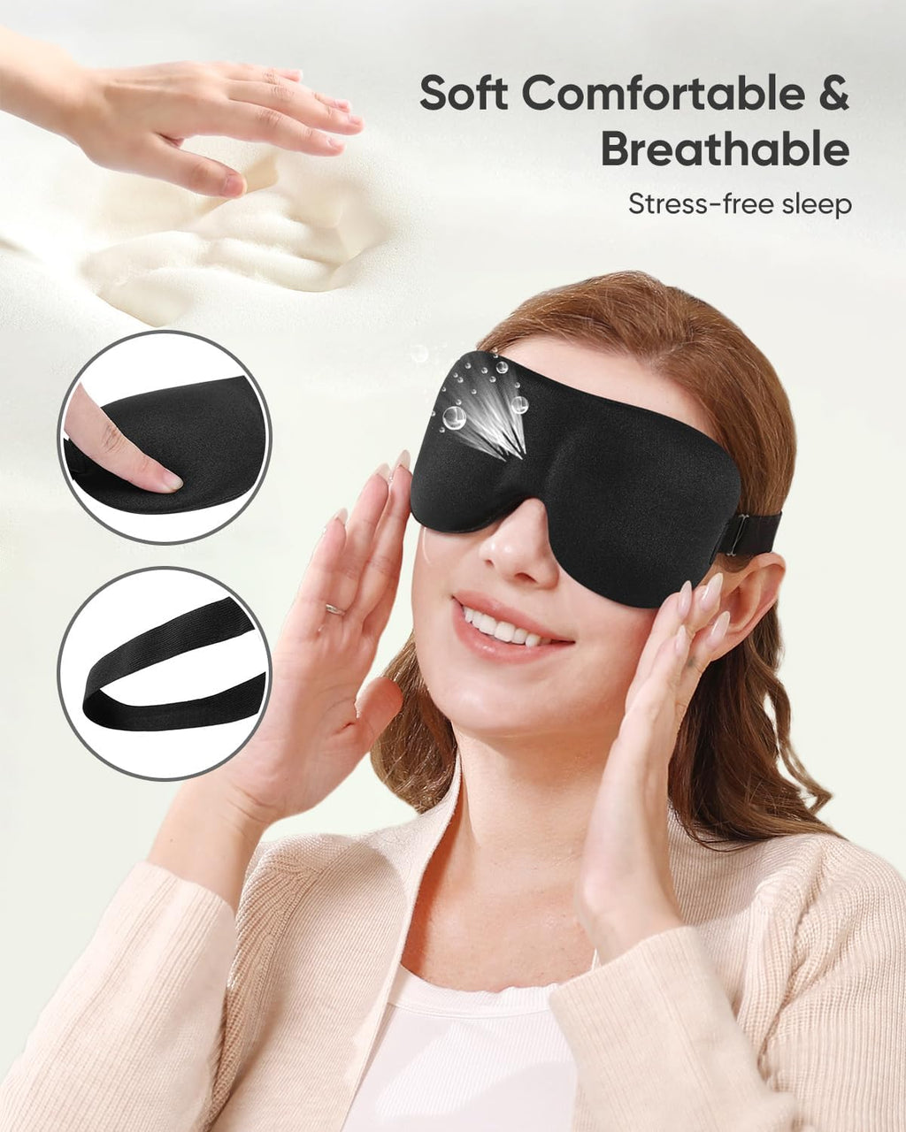 Soft, breathable, and water-resistant fabric of The Dream Serene Trio sleep mask ensures stress-free sleep, modeled by a smiling woman.
