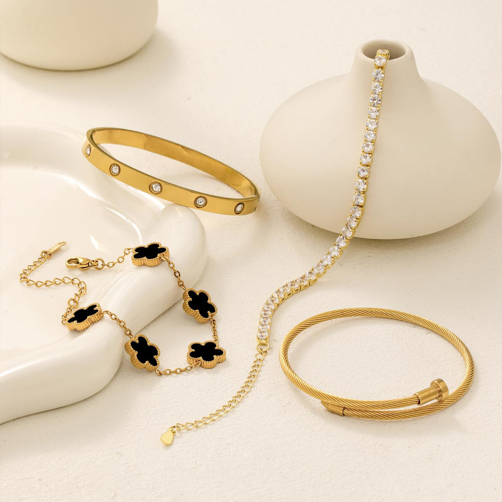 18K Gold Plated Womens Stackable Floral Bracelets Set,Twisted Cable Bangle,Trendy Jewelry,Waterproof adjustable bracelet,Christmas Birthday Gifts for Girlfriend or Mother.