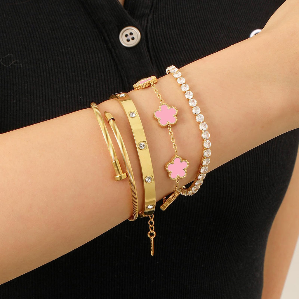 18K Gold Plated Womens Stackable Floral Bracelets Set,Twisted Cable Bangle,Trendy Jewelry,Waterproof adjustable bracelet,Christmas Birthday Gifts for Girlfriend or Mother.
