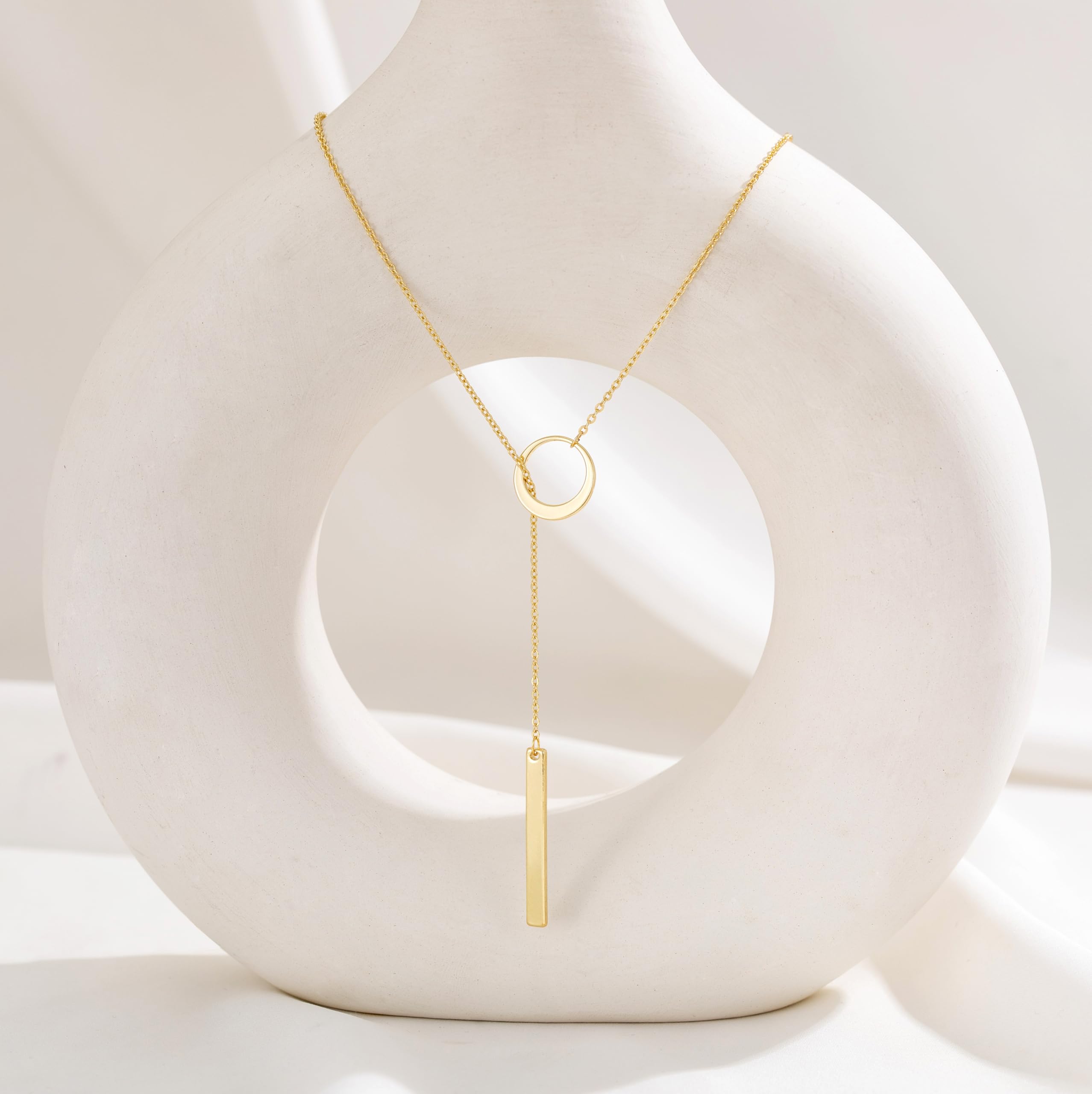 CHESKY Lariat Gold Necklace for Women, Dainty Long Necklace 14k Gold Plated Y-Shaped Pendant Necklace Trendy Layered CZ Beaded Chain Drop Necklaces Simple Gold Jewelry for Women Gifts