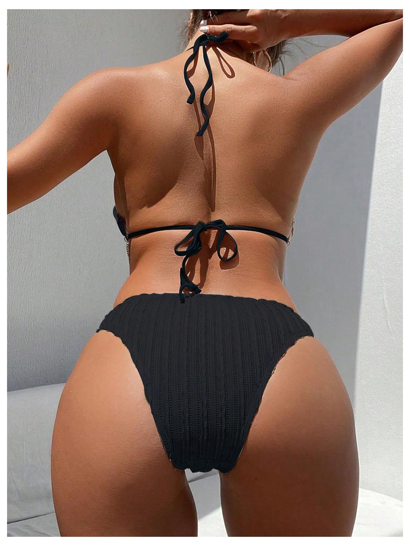 OYOANGLE Women's Ring Linked Cut Out One Piece Swimsuits Textured Tie Backless Halter Bathing Suit Monokini
