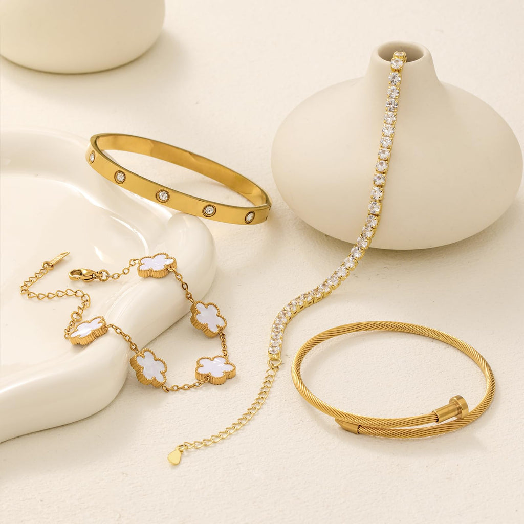 18K Gold Plated Womens Stackable Floral Bracelets Set,Twisted Cable Bangle,Trendy Jewelry,Waterproof adjustable bracelet,Christmas Birthday Gifts for Girlfriend or Mother.