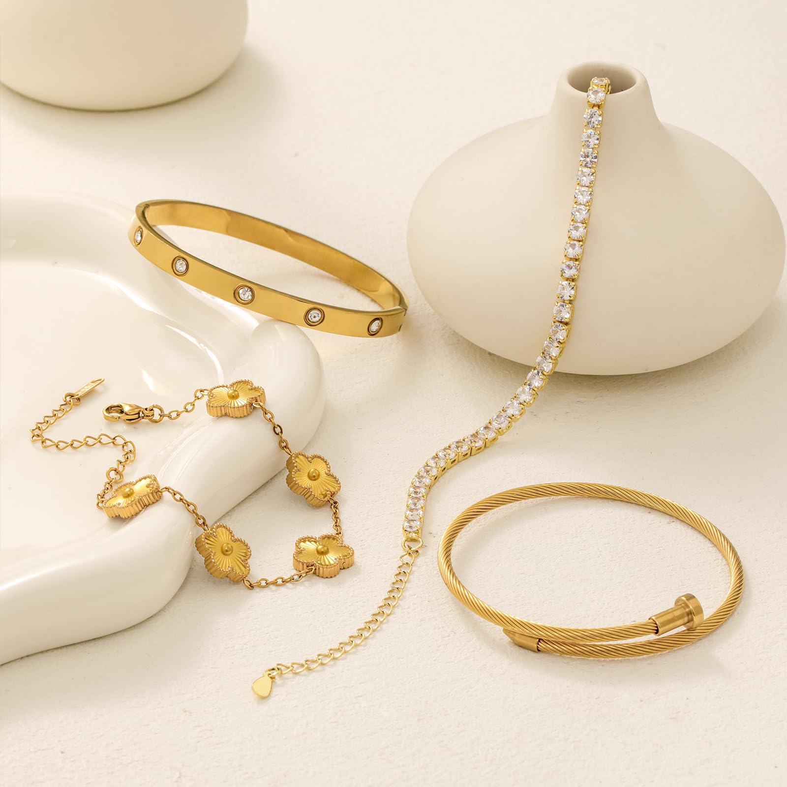 18K Gold Plated Womens Stackable Floral Bracelets Set,Twisted Cable Bangle,Trendy Jewelry,Waterproof adjustable bracelet,Christmas Birthday Gifts for Girlfriend or Mother.