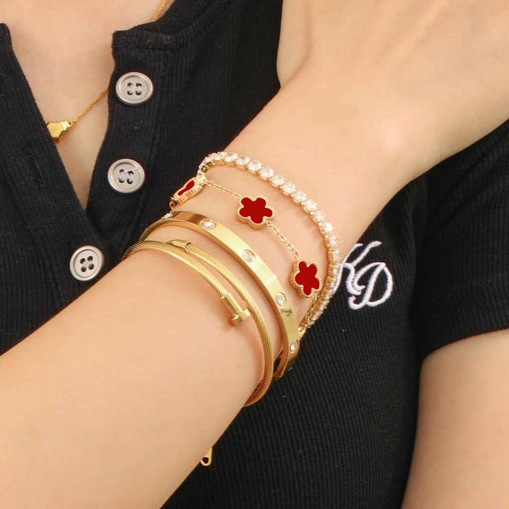 18K Gold Plated Womens Stackable Floral Bracelets Set,Twisted Cable Bangle,Trendy Jewelry,Waterproof adjustable bracelet,Christmas Birthday Gifts for Girlfriend or Mother.