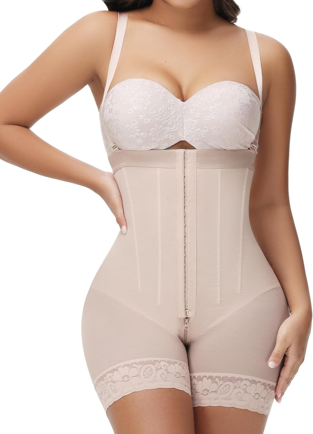 The Invisible Sculptor Strapless Signature Faja in nude, designed for body contouring with soft, breathable fabric and lace trim.