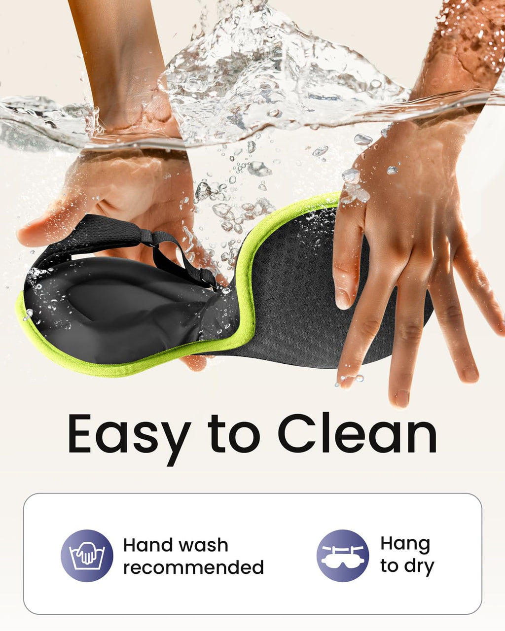 The Midnight Muse | 3D Silk-Touch Blackout Mask shown being hand washed, highlighting easy cleaning and hang-to-dry care for long-lasting use.