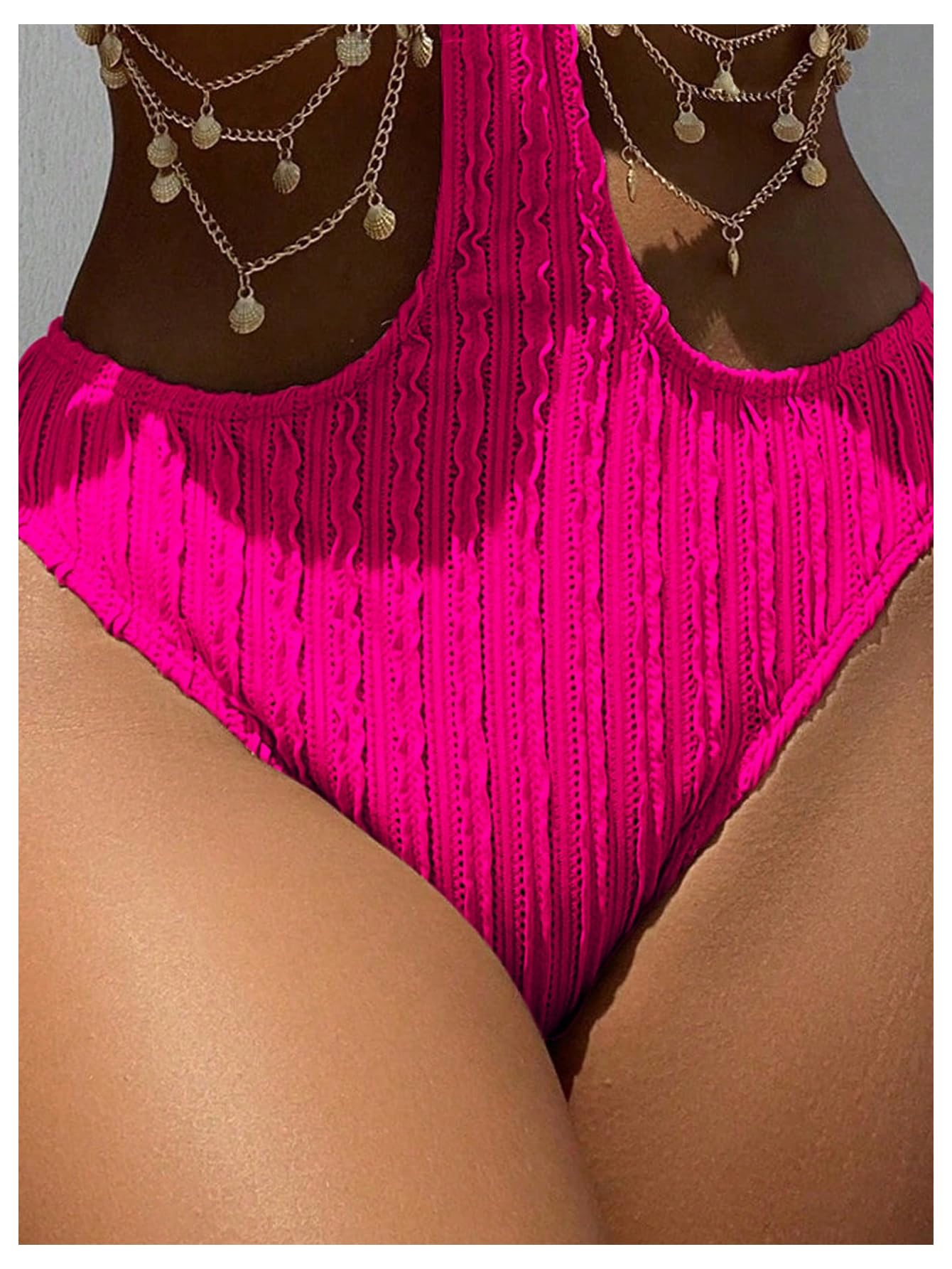 OYOANGLE Women's Ring Linked Cut Out One Piece Swimsuits Textured Tie Backless Halter Bathing Suit Monokini