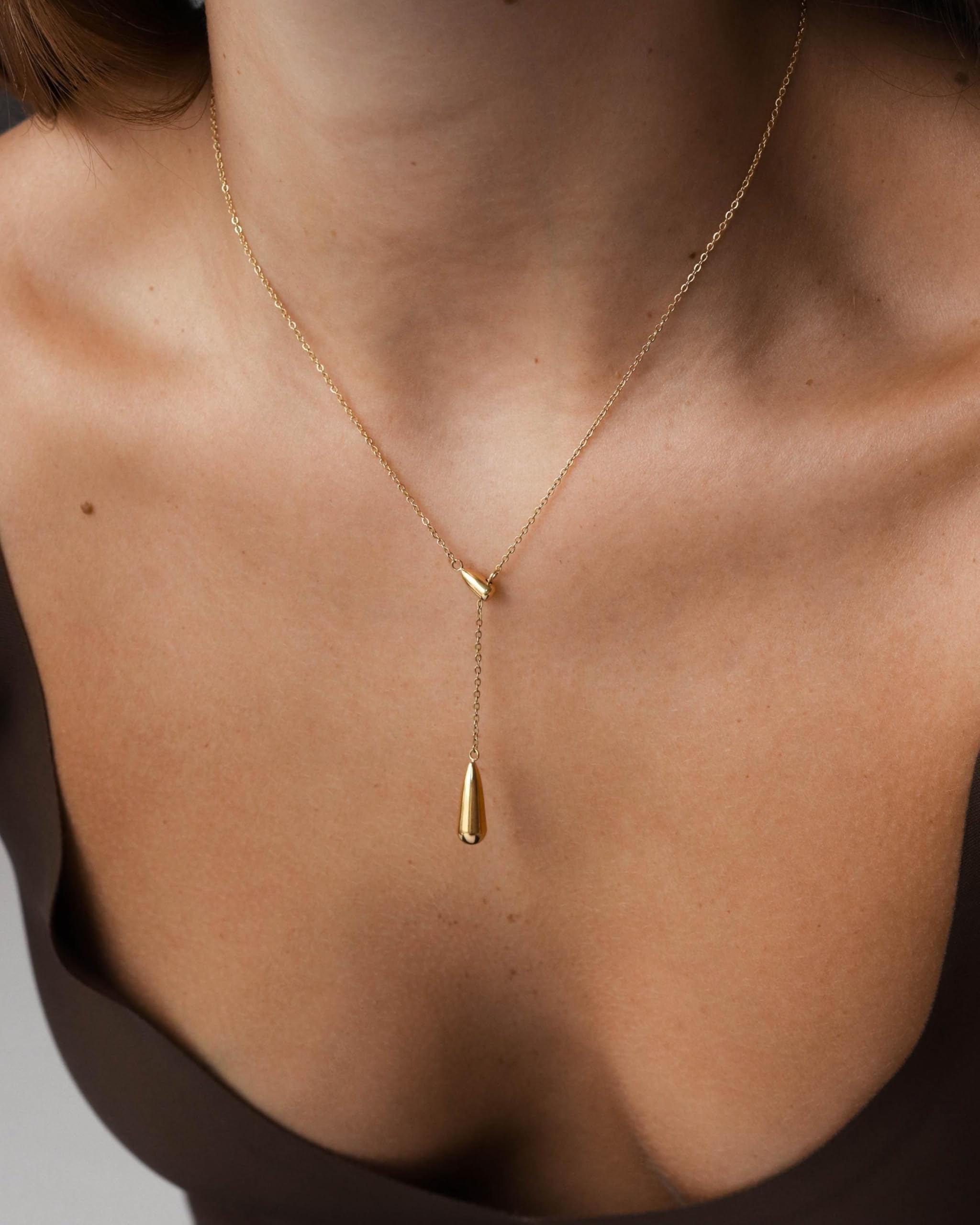 CHESKY Lariat Gold Necklace for Women, Dainty Long Necklace 14k Gold Plated Y-Shaped Pendant Necklace Trendy Layered CZ Beaded Chain Drop Necklaces Simple Gold Jewelry for Women Gifts