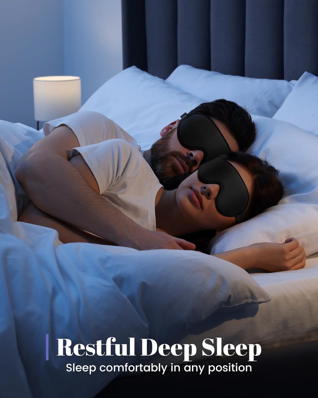 The Midnight Muse | 3D Silk-Touch Blackout Mask worn by couple in bed, promoting restful deep sleep in any position with full light blocking.