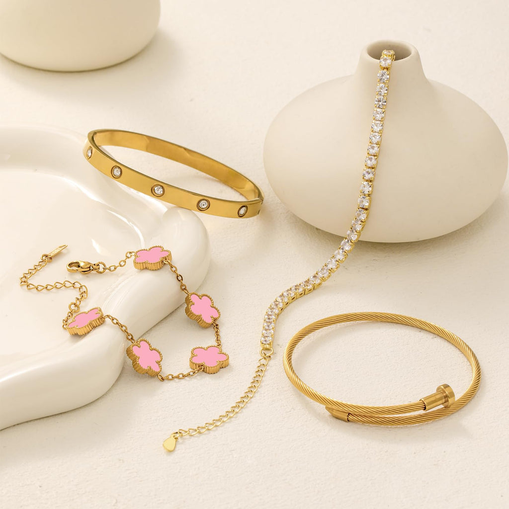 18K Gold Plated Womens Stackable Floral Bracelets Set,Twisted Cable Bangle,Trendy Jewelry,Waterproof adjustable bracelet,Christmas Birthday Gifts for Girlfriend or Mother.