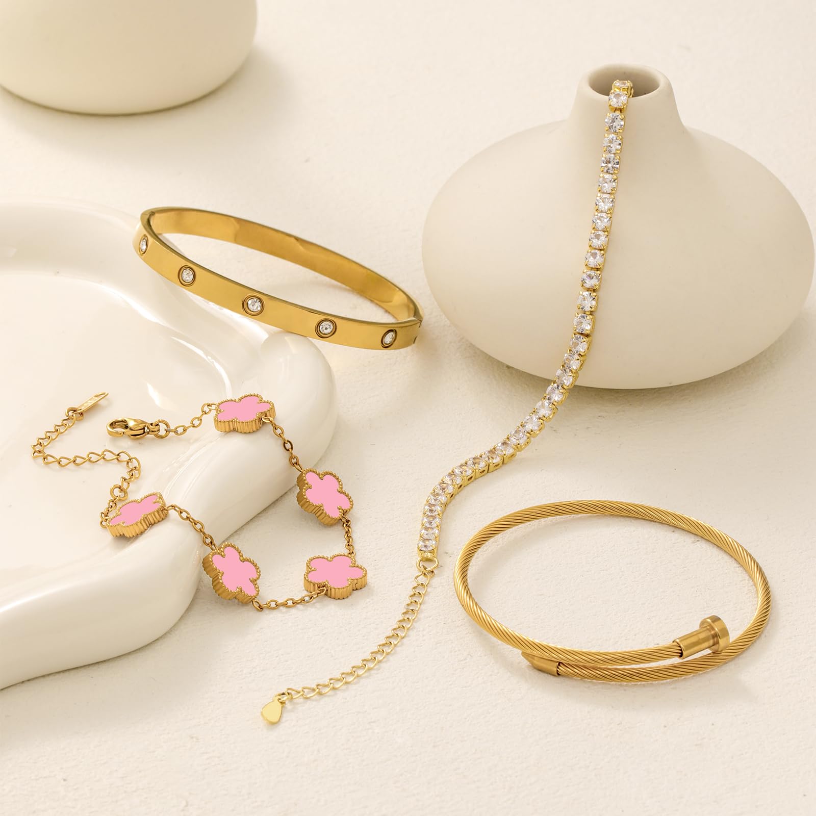 18K Gold Plated Womens Stackable Floral Bracelets Set,Twisted Cable Bangle,Trendy Jewelry,Waterproof adjustable bracelet,Christmas Birthday Gifts for Girlfriend or Mother.