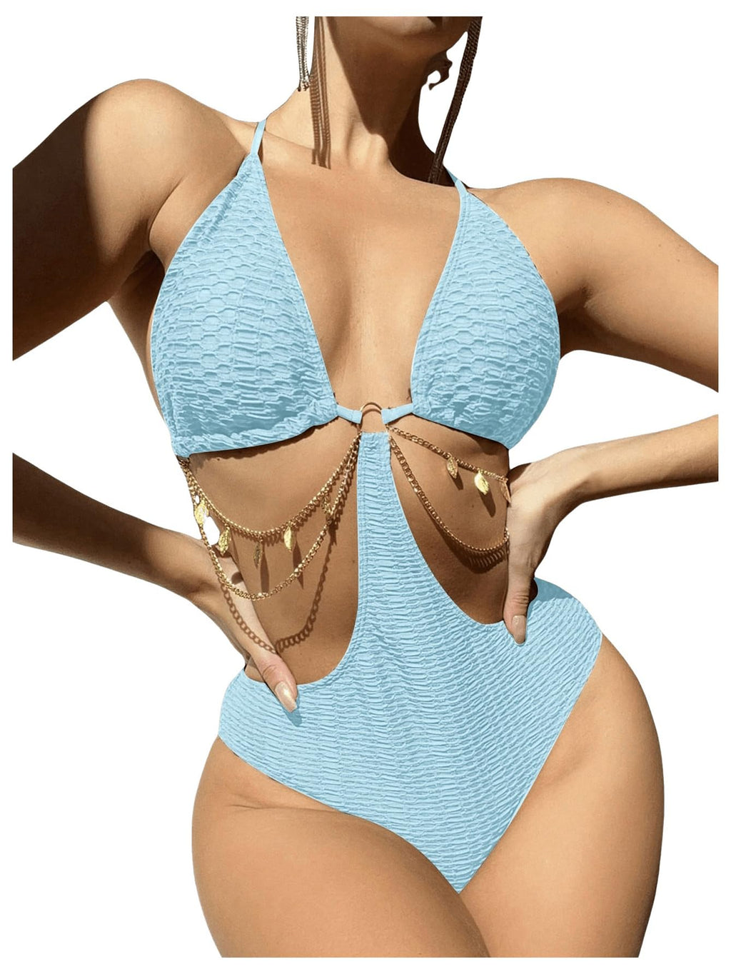 OYOANGLE Women's Chain Linked Cut Out Halter One Piece Swimsuit Tummy Control Bathing Suit
