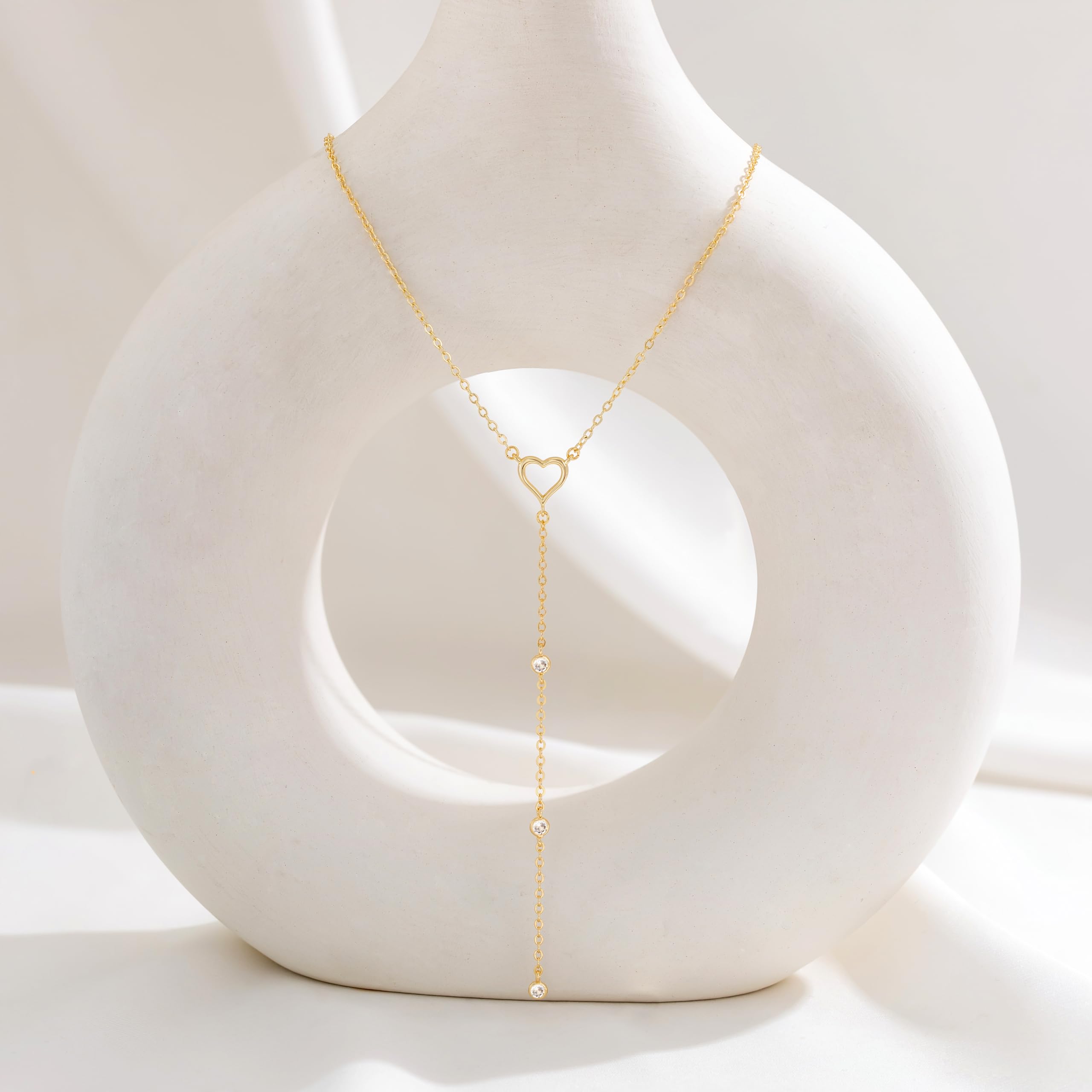 CHESKY Lariat Gold Necklace for Women, Dainty Long Necklace 14k Gold Plated Y-Shaped Pendant Necklace Trendy Layered CZ Beaded Chain Drop Necklaces Simple Gold Jewelry for Women Gifts