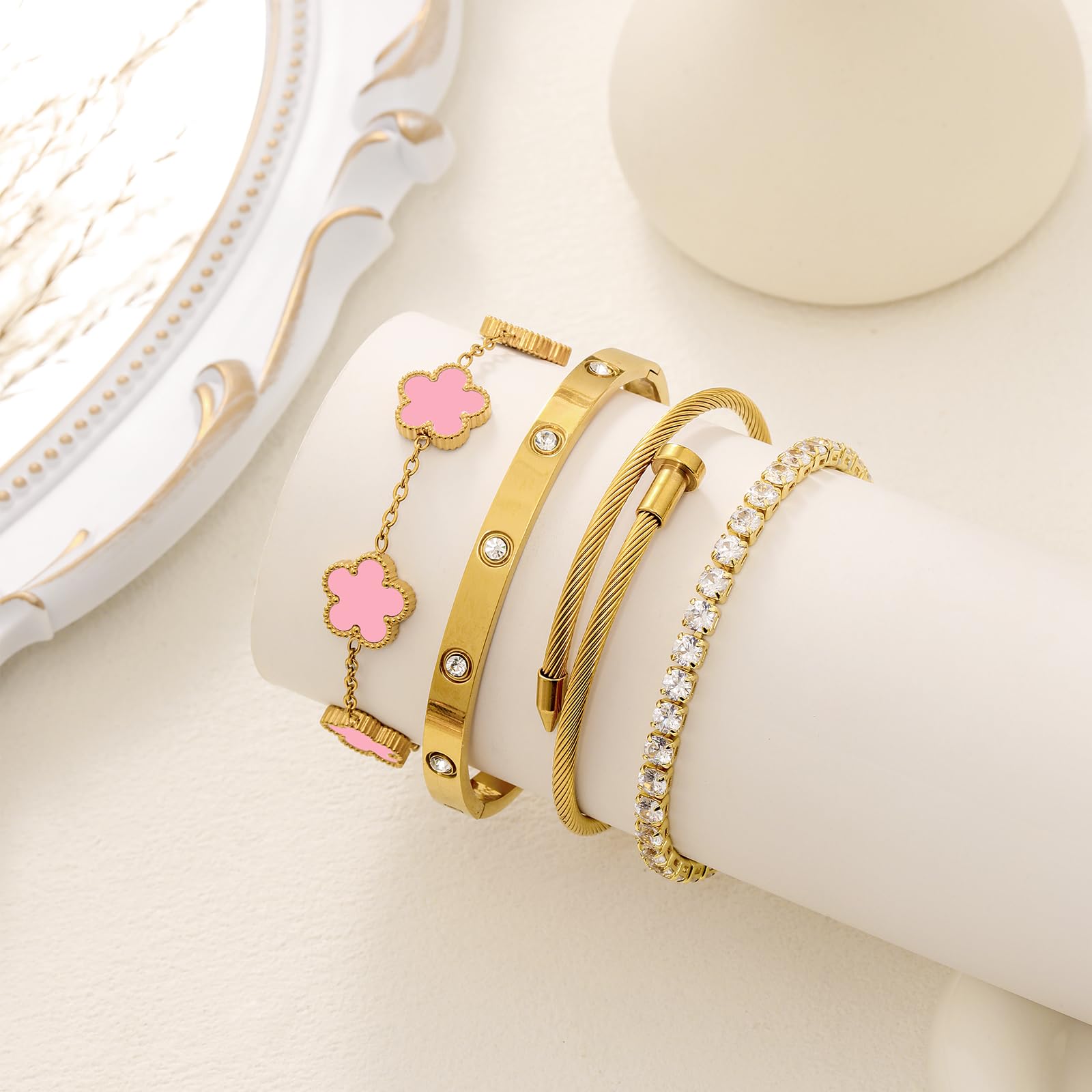 18K Gold Plated Womens Stackable Floral Bracelets Set,Twisted Cable Bangle,Trendy Jewelry,Waterproof adjustable bracelet,Christmas Birthday Gifts for Girlfriend or Mother.