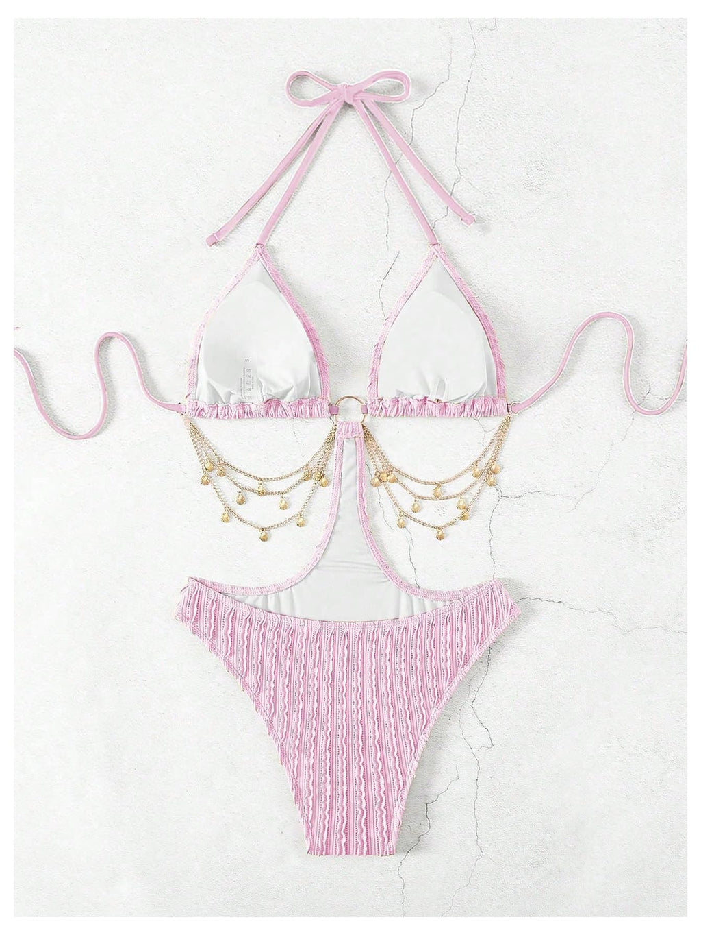 OYOANGLE Women's Ring Linked Cut Out One Piece Swimsuits Textured Tie Backless Halter Bathing Suit Monokini