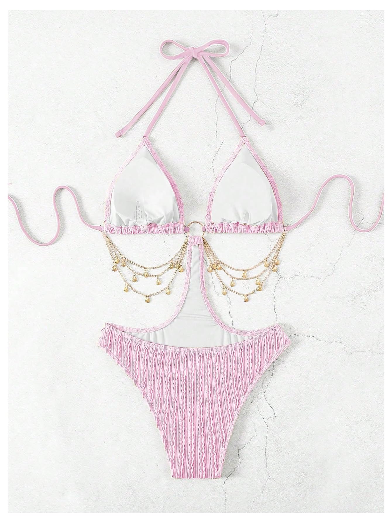 OYOANGLE Women's Ring Linked Cut Out One Piece Swimsuits Textured Tie Backless Halter Bathing Suit Monokini