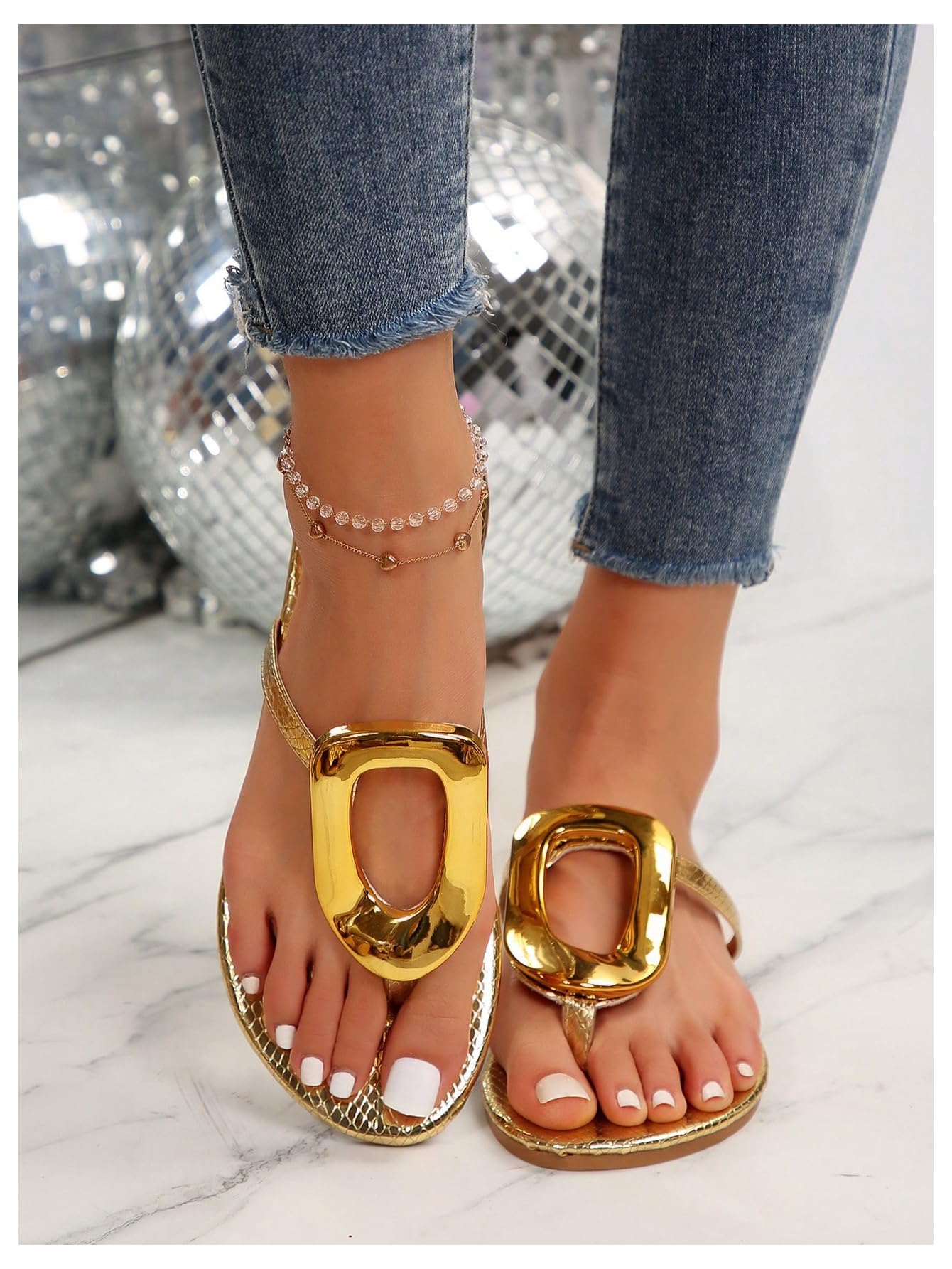 OYOANGLE Women's Metal Decor Flip Flop Thong Sandals Comfortable Slip on Flat Sandals