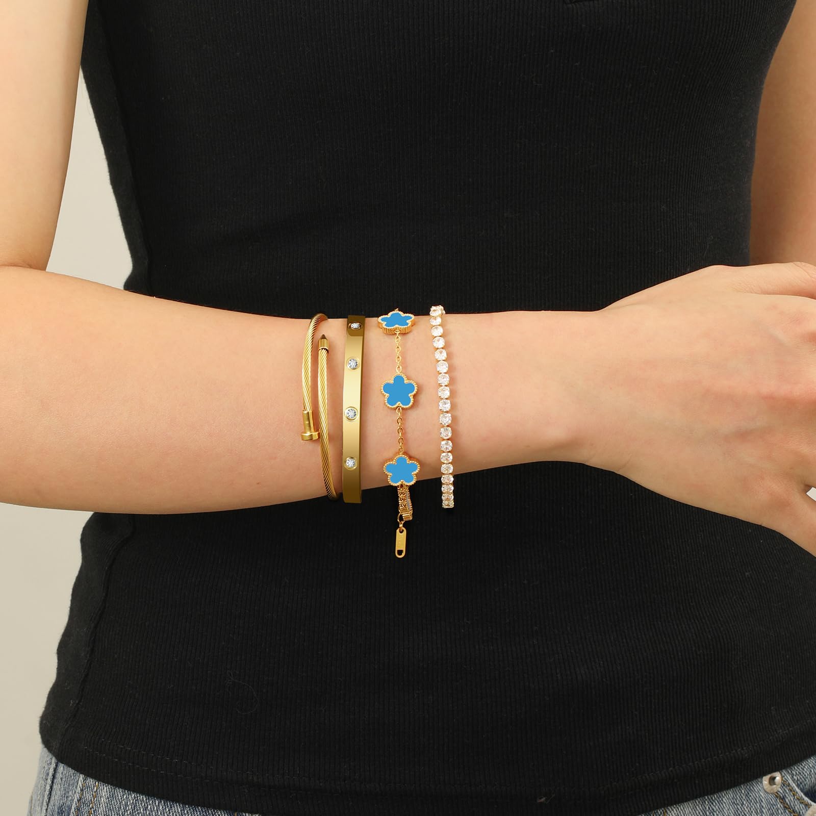 18K Gold Plated Womens Stackable Floral Bracelets Set,Twisted Cable Bangle,Trendy Jewelry,Waterproof adjustable bracelet,Christmas Birthday Gifts for Girlfriend or Mother.