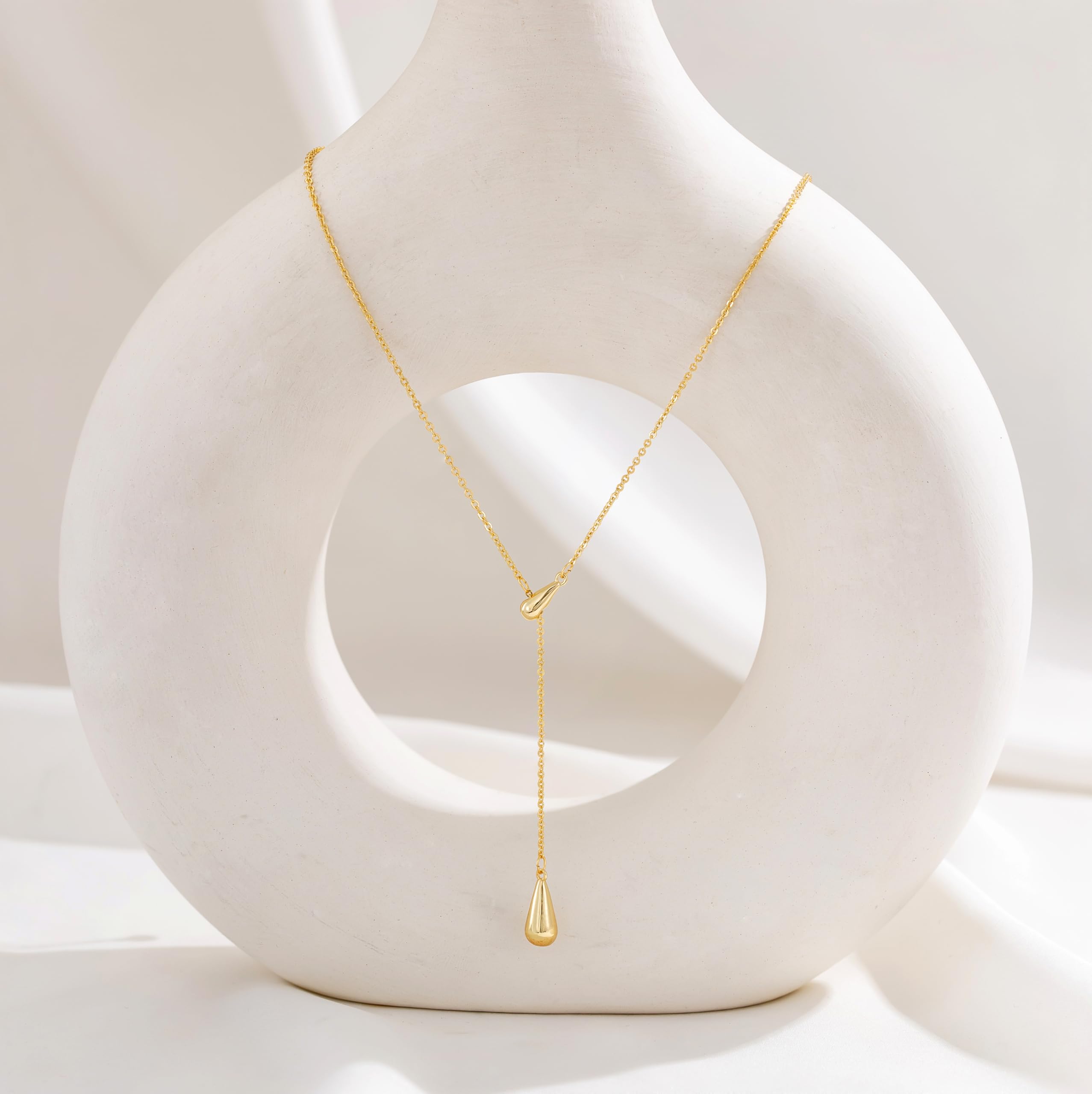 CHESKY Lariat Gold Necklace for Women, Dainty Long Necklace 14k Gold Plated Y-Shaped Pendant Necklace Trendy Layered CZ Beaded Chain Drop Necklaces Simple Gold Jewelry for Women Gifts