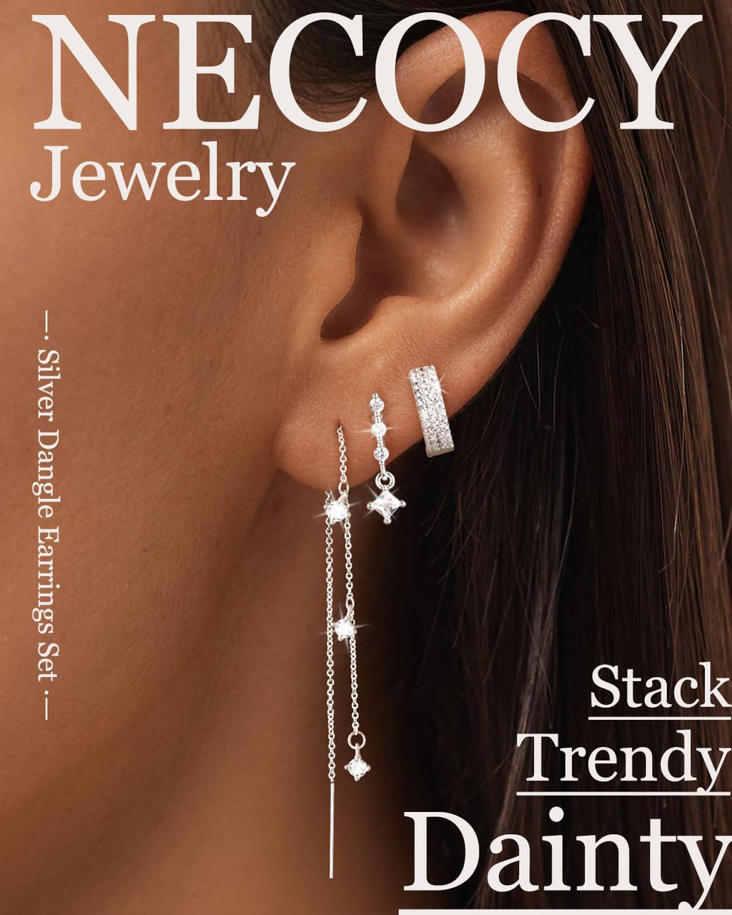 NECOCY 14K Gold Plated Chain Earrings for Women 3/4 Pairs Dangle Dainty Stack Hoop Earrings Set Trendy Cubic Zirconia Stud Earrings for Women Jewelry