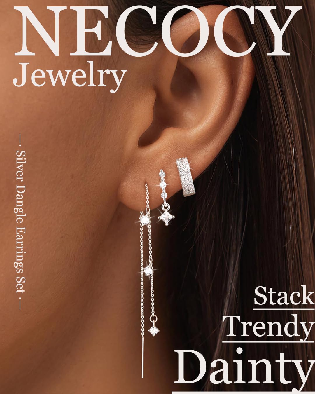 NECOCY 14K Gold Plated Chain Earrings for Women 3/4 Pairs Dangle Dainty Stack Hoop Earrings Set Trendy Cubic Zirconia Stud Earrings for Women Jewelry
