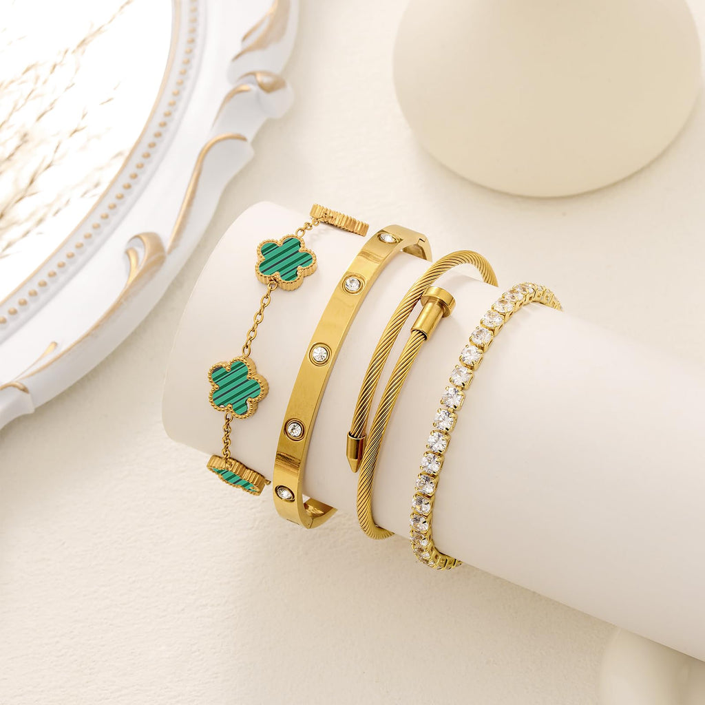 18K Gold Plated Womens Stackable Floral Bracelets Set,Twisted Cable Bangle,Trendy Jewelry,Waterproof adjustable bracelet,Christmas Birthday Gifts for Girlfriend or Mother.