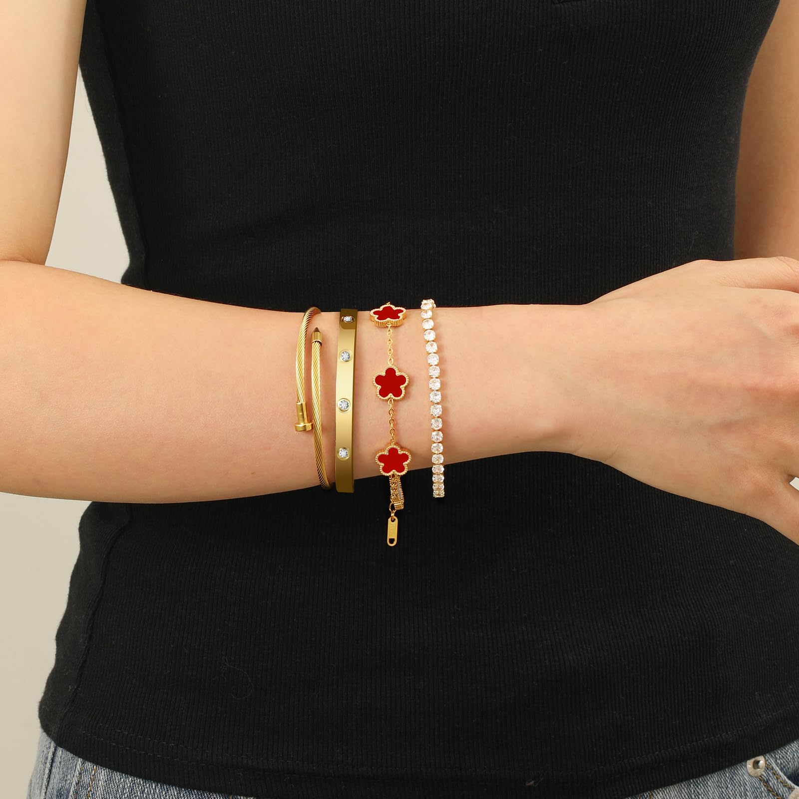 18K Gold Plated Womens Stackable Floral Bracelets Set,Twisted Cable Bangle,Trendy Jewelry,Waterproof adjustable bracelet,Christmas Birthday Gifts for Girlfriend or Mother.