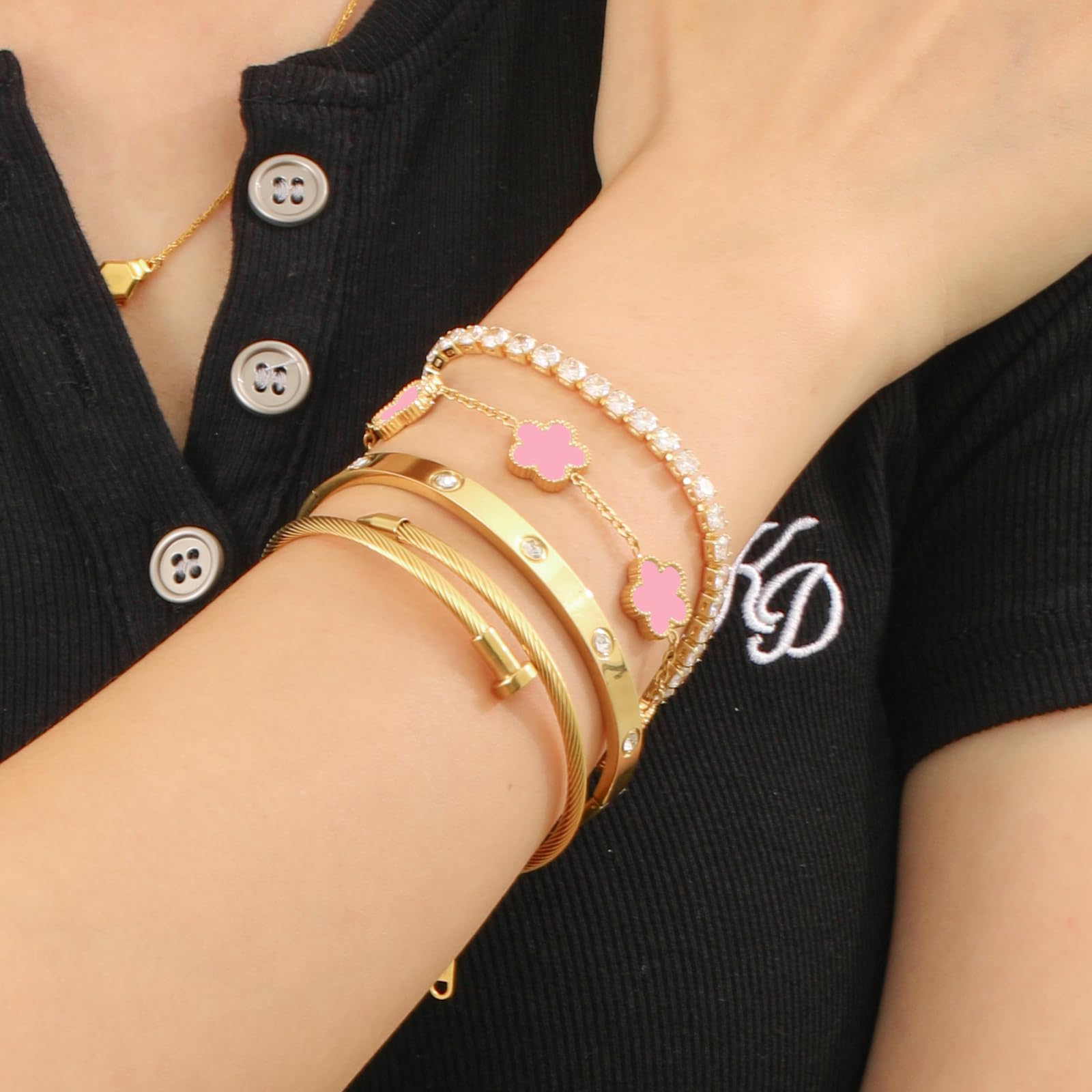 18K Gold Plated Womens Stackable Floral Bracelets Set,Twisted Cable Bangle,Trendy Jewelry,Waterproof adjustable bracelet,Christmas Birthday Gifts for Girlfriend or Mother.